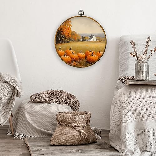 Miniatura 2 de XPH Arte de pared redondo de calabaza de otoño de granja, enmarcado, decoración de pared redonda de calabaza de otoño rústico, impresiones de lienzo