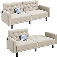Yaheetech 63" Convertible Futon Sofa Bed with USB Ports, Reclining Backrest & Removable Arms - Modern Loveseat for Small Spaces
