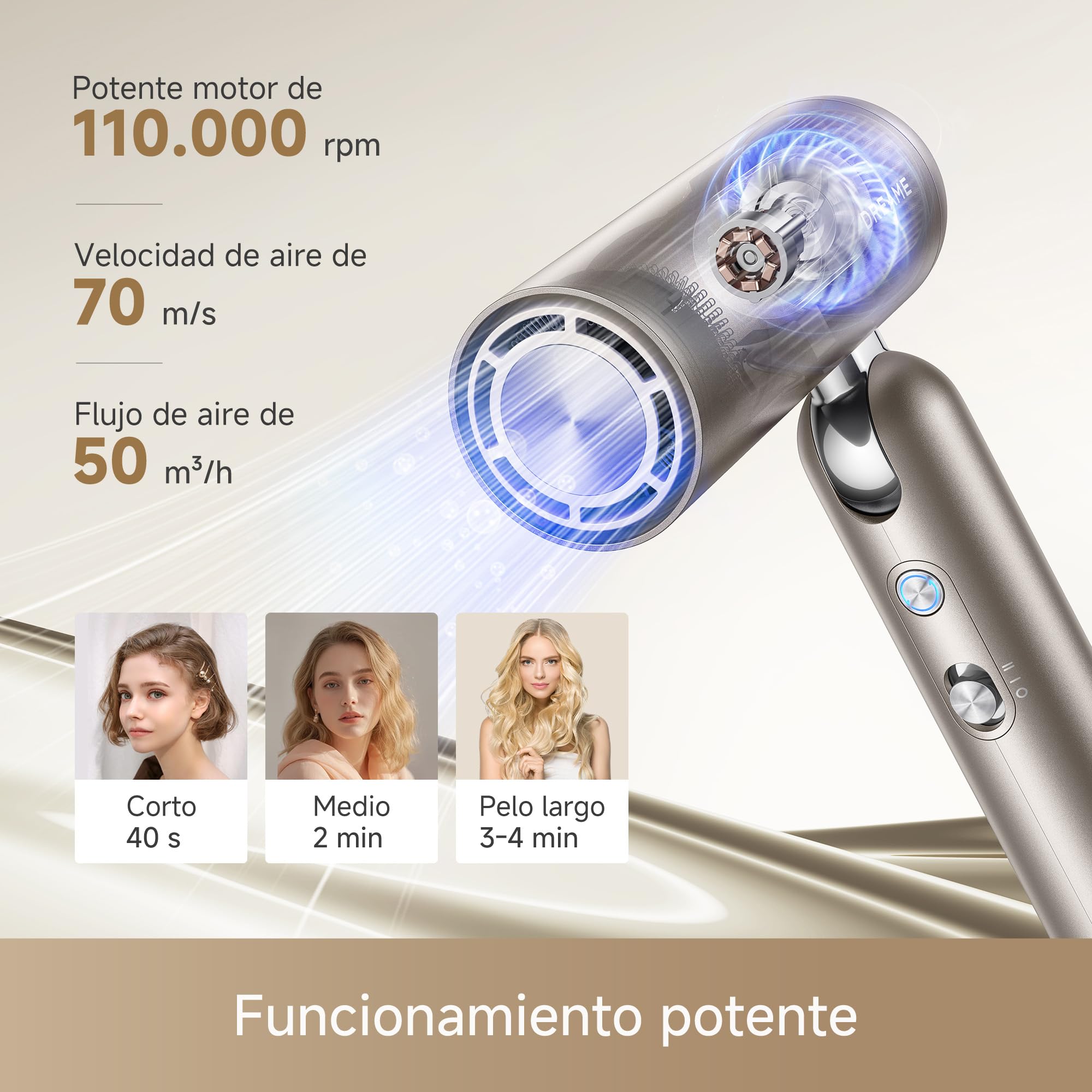 DREAME Pocket Pro Secador de Pelo de Alta Velocidad, 4 Boquillas, Plegable | Difusor, Antifrizz, Moldeador y Rizador, Motor de 110.000 RPM, 300 Millones de Iones Negativos/cm3, 570C, Secado 40s