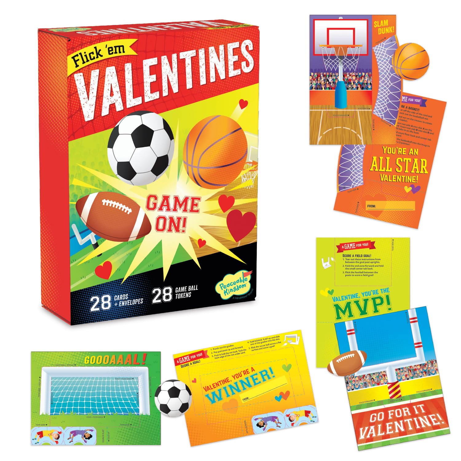 Peaceable Kingdom Valentines Cards for Kids Classroom, Set of 28 Valentines Day Gifts - Flick 'em Sports Games