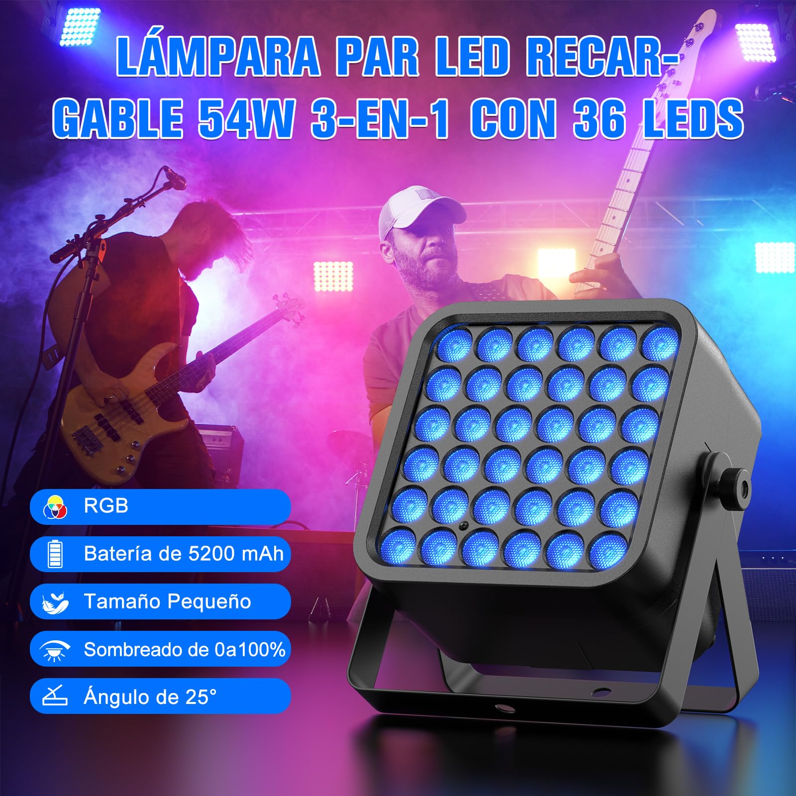 Foco Par de 36 LED con Batería, 54W 6 en 1 RGBWA+UV Foco Para Fiesta de Discoteca con Batería de 5200 mAh, Control Remoto Automático 8/10CH, Recargable Apto para Escenarios Fiestas Cumpleaños