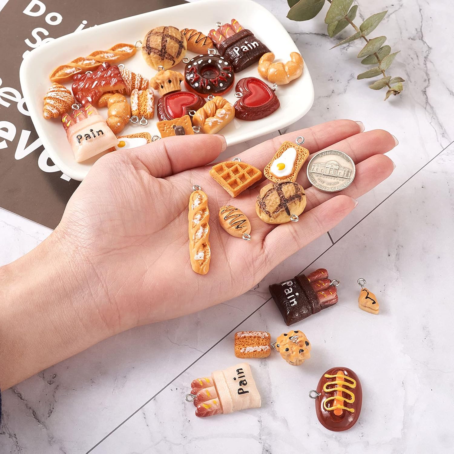 Beadthoven 42pcs Cute 3D French Bread Resin Charms Pendants Mixed Small Croissant Toast Donuts Breakfast Food Dangle Beads for DIY Earrings Necklaces Keychain Jewelry Making Accessories - Image 4