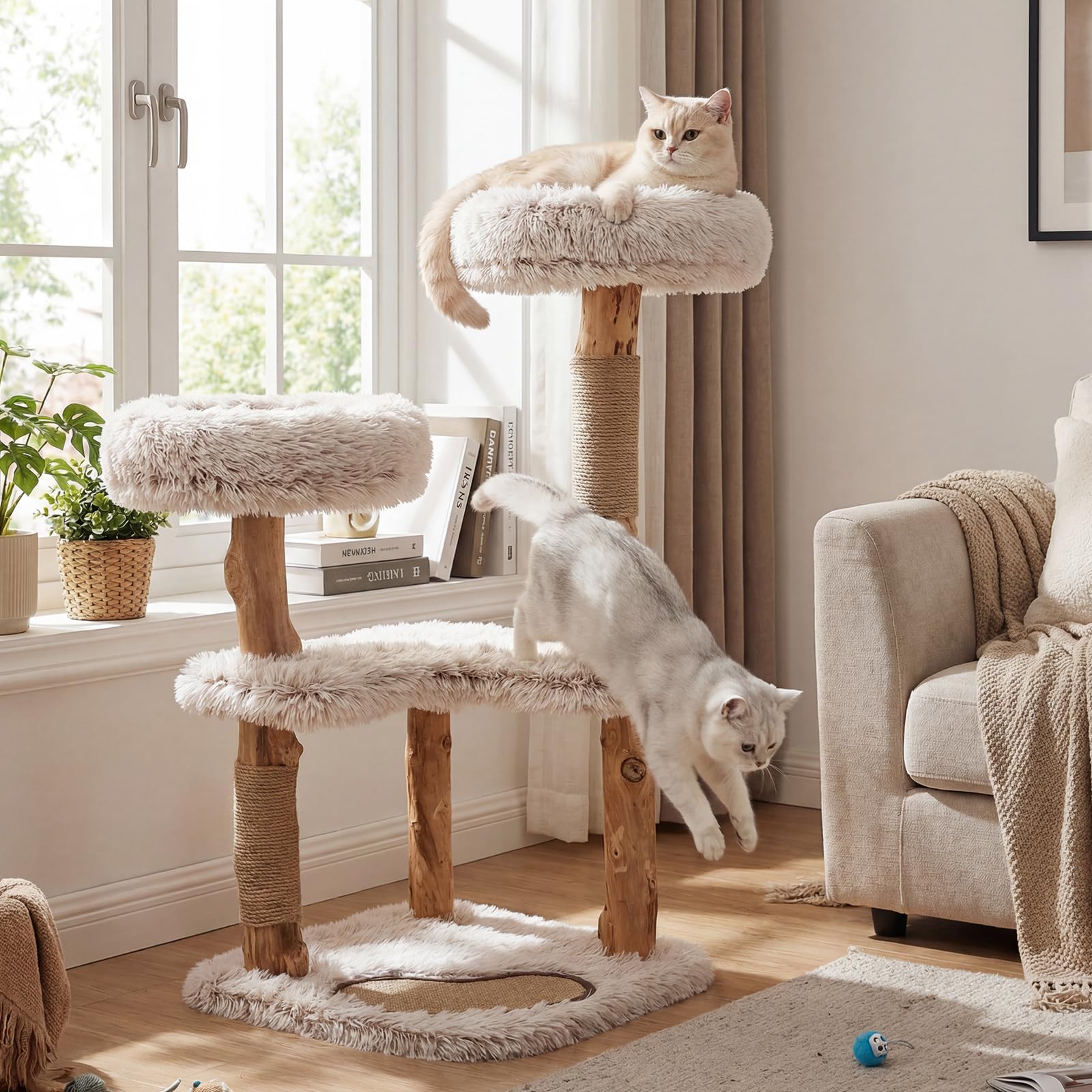 COSTWAY 101 cm Árbol Rascador para Gatos de Madera Maciza, 4 Plataformas Acolchadas de Felpa, Postes Rascadores y Alfombrilla, Torre Rascador para Gatos en Forma de Ramas de Bohemio para Interior