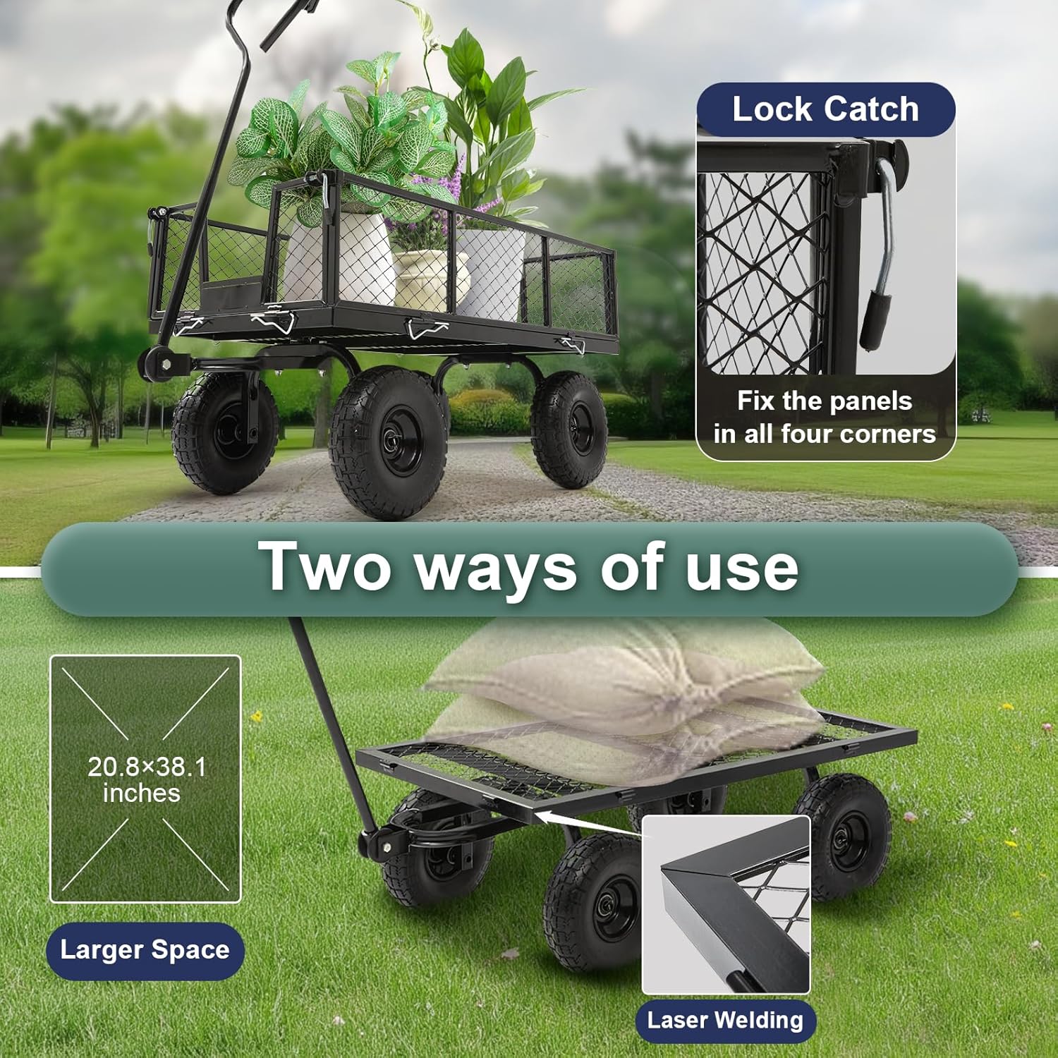 Heavy Duty Garden Wagon Cart – 880 LBS Steel Utility Cart with All-Terrain 3.50-4" Solid Wheels, 10" Tires, 180° Rotating Handle, Removable Sides, Laser-Welded Frame thumbnail