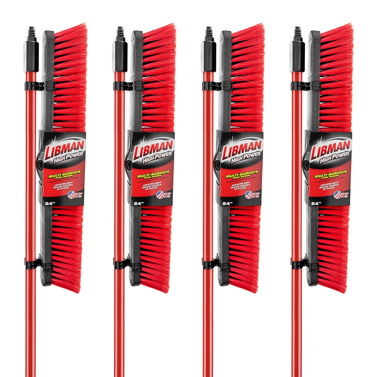 Libman Commercial 805 Multi-Surface Push Broom, 64" Length, 24" Width, Black/Red (Pack of 4)