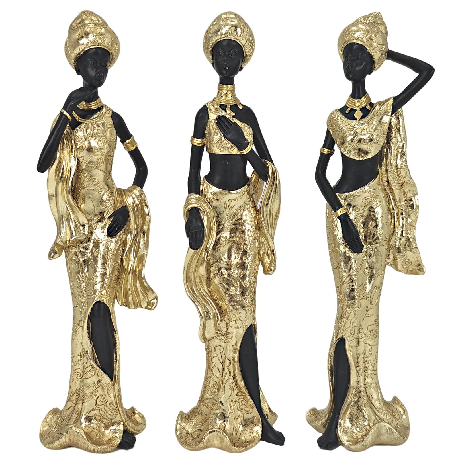OGANGART 12" Three-Piece Handcrafted African Tribal Sculpture Statues - Vintage Home & Office Decor for Bookshelf, Desk, Table - Unique Gift for Women, Mom, Birthday, Christmas - Elegant Gold Finish