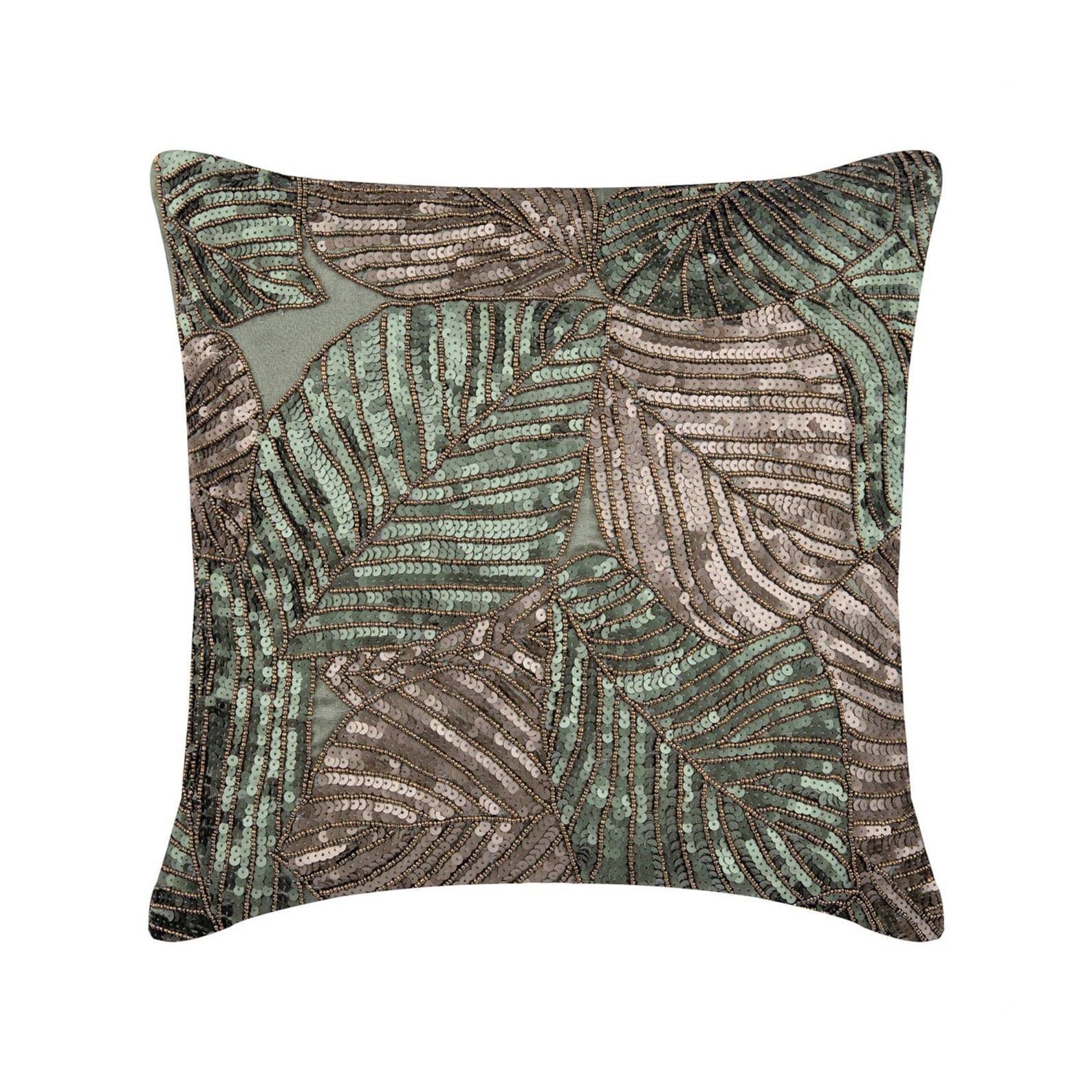 The HomeCentric Decorative Olive Green Cushions Cover Pack of 2, 50x50 cm (20"x20"), Sequins and Beaded Antique Botanical Cushions Cover Floral Square Throw Silk Pillow Cover - Green Camoflague