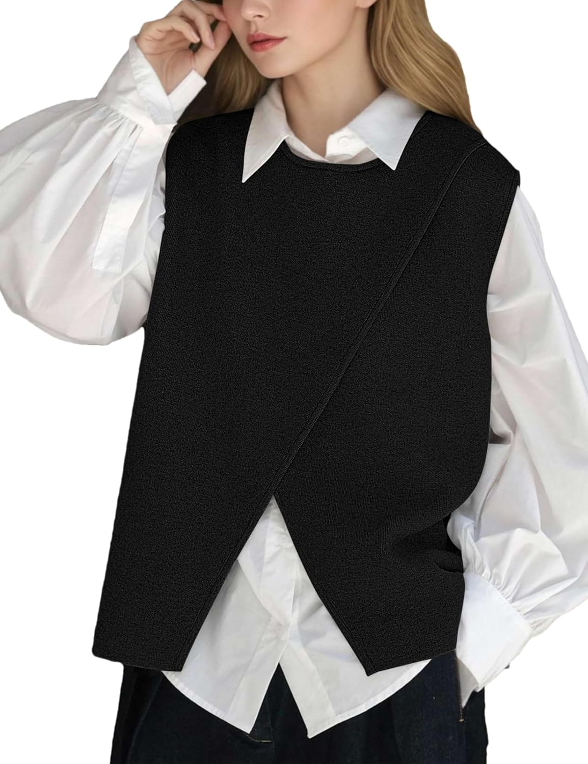 HangNiFang Women's Front Split Sweater Vest Sleeveless Knitted Pullover Tops Fall Outfits