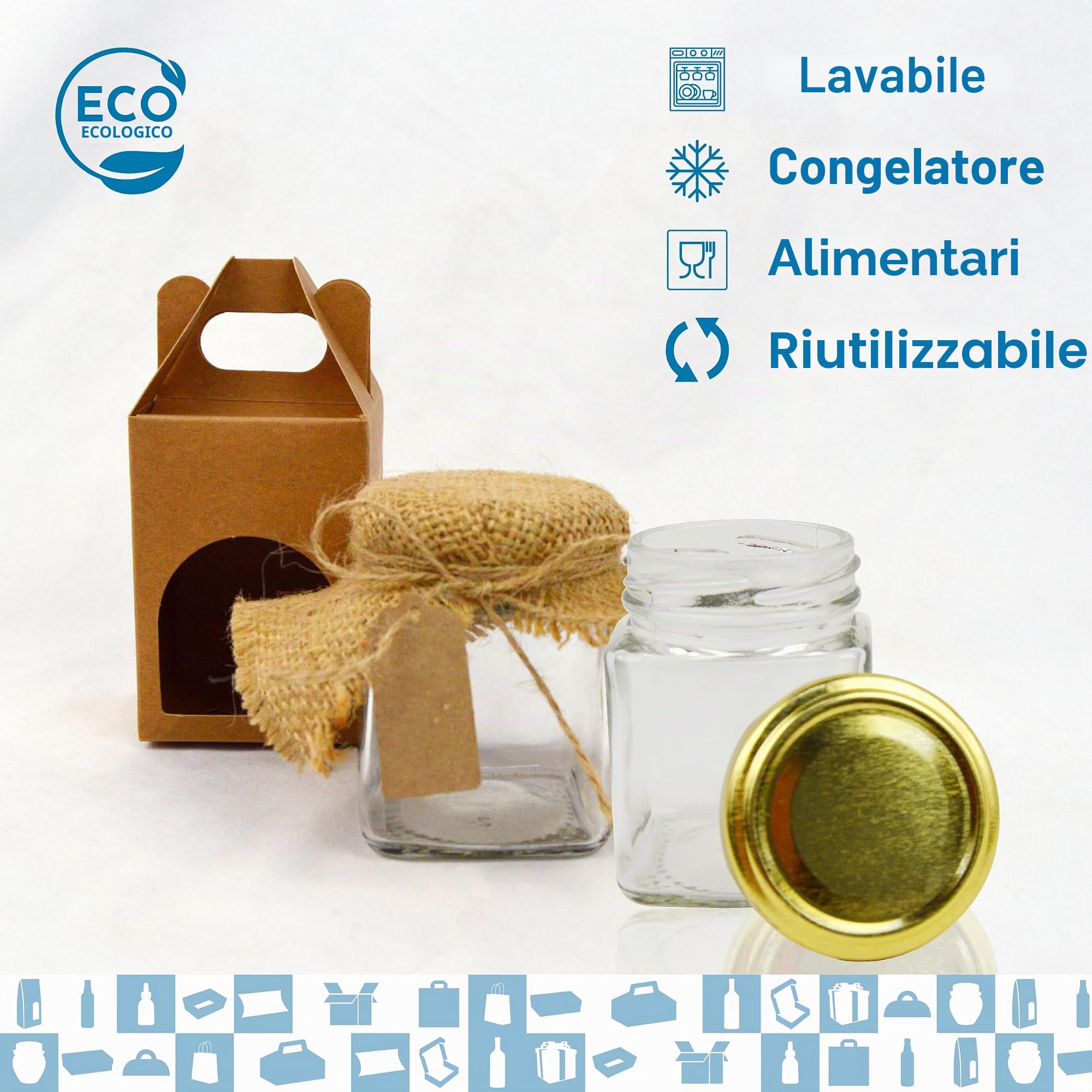 Espirito Rebelde Set 20 Barattoli di Vetro Quadrati 150 ml + 20 Scatole, Etichette Kraft, Tessuto e Spago – Vasetti per Spezie e Marmellata | Bomboniera