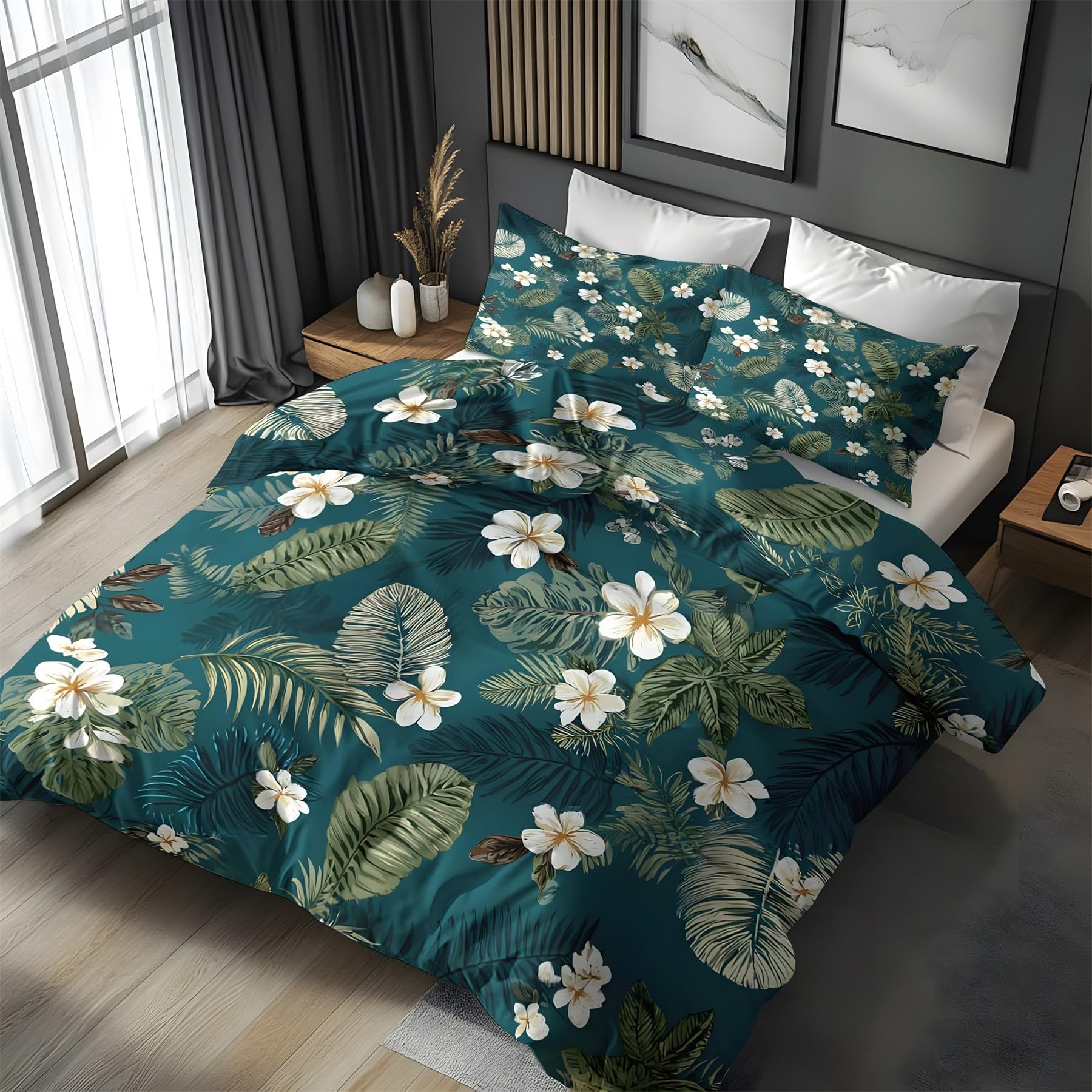 Housse de couette 200x200 plantes tropicales parure de lit vert foncé microfibre QF1240