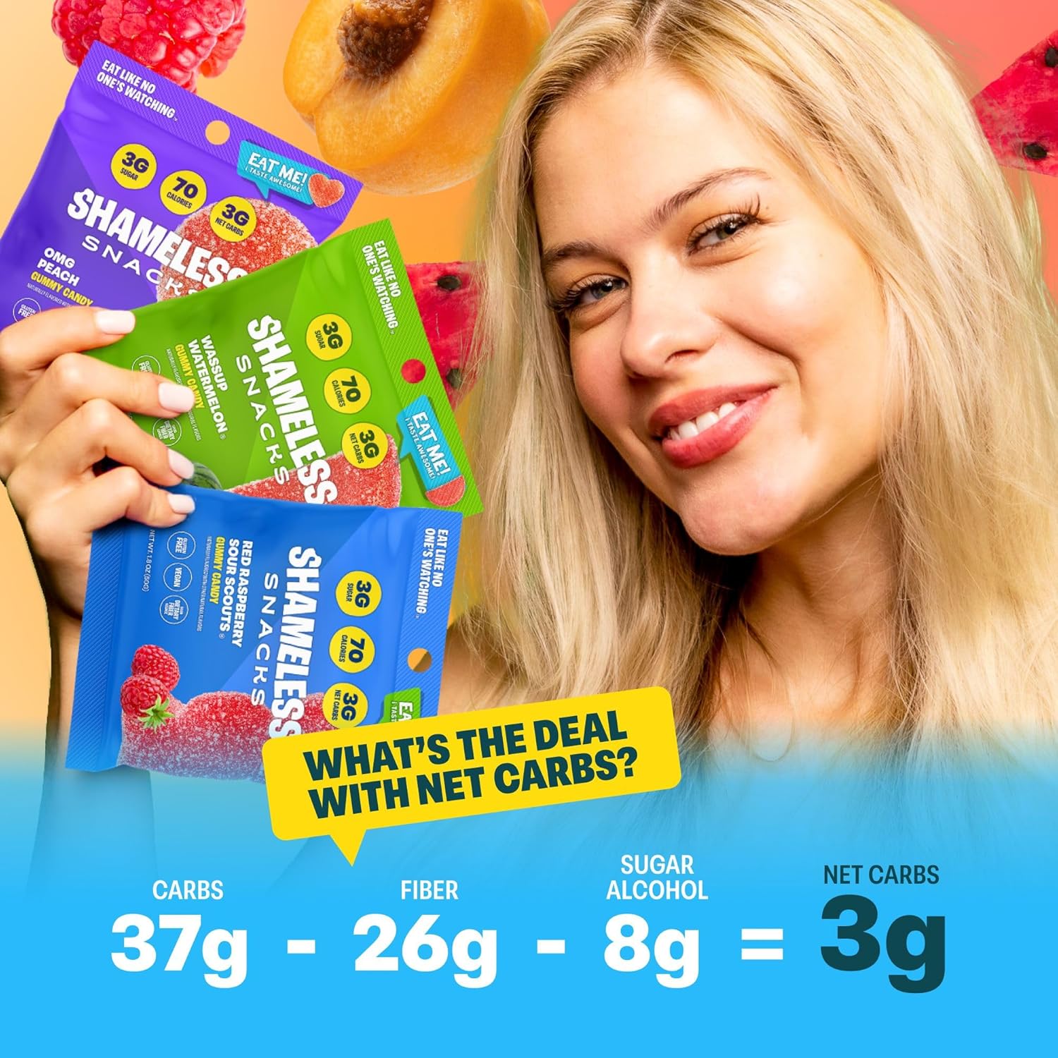 Shameless Snacks Fan Favorites Bundle Healthy Low Carb Keto Gummies Red Raspberry, Watermelon and Sour Peach