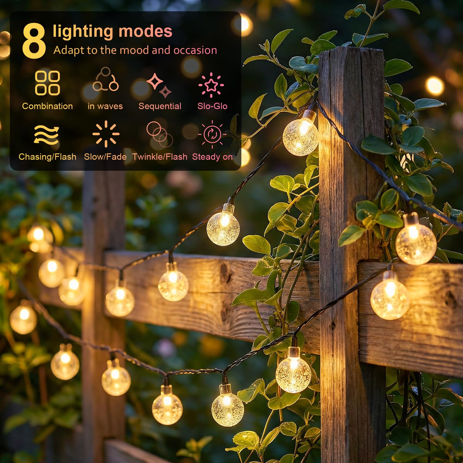 AGOTD Cadena de luces solares para exteriores, 40 LED, cadena de luces solar con temporizador, IP65, 8 modos, bolas de cristal, resistente al agua, para jardín, balcón, terraza, Navidad, bodas