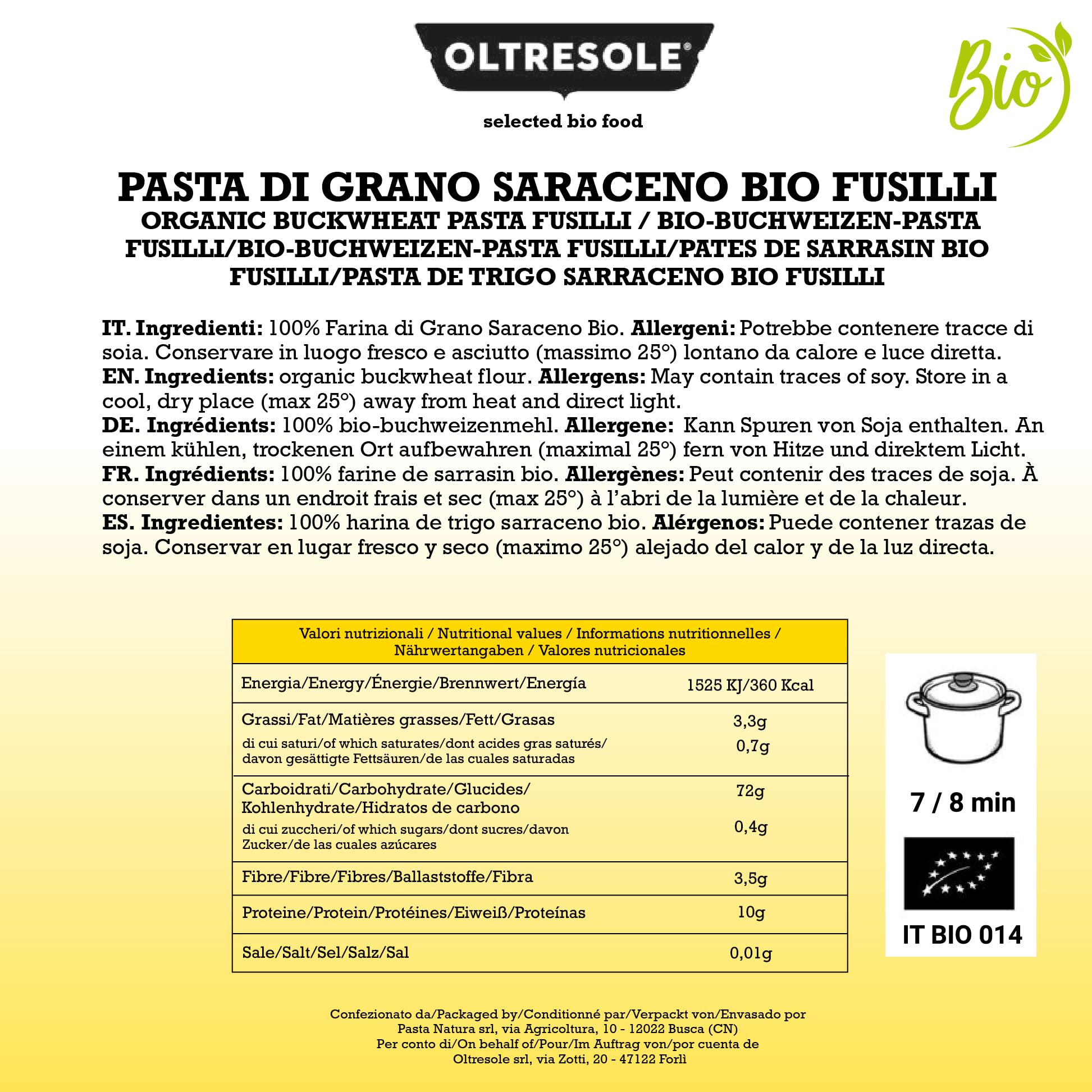 Oltresole Pasta Fusilli Ecológica Sin Gluten Trigo Sarraceno Integral 3x350g