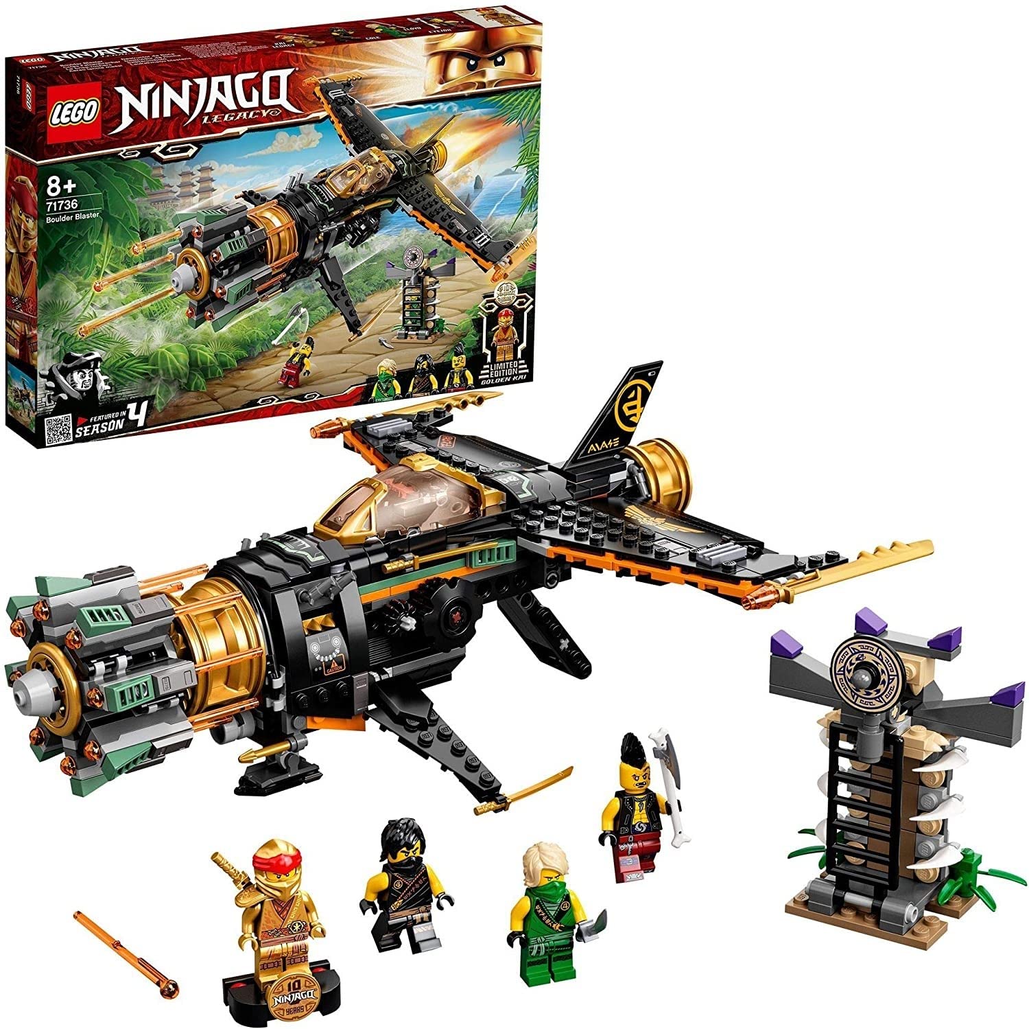 LEGO 71736 NINJAGO Coles Felsenbrecher Flugzeugspielzeug mit Gefängnis und sammelbarer Figur des Goldenen Ninja Kai