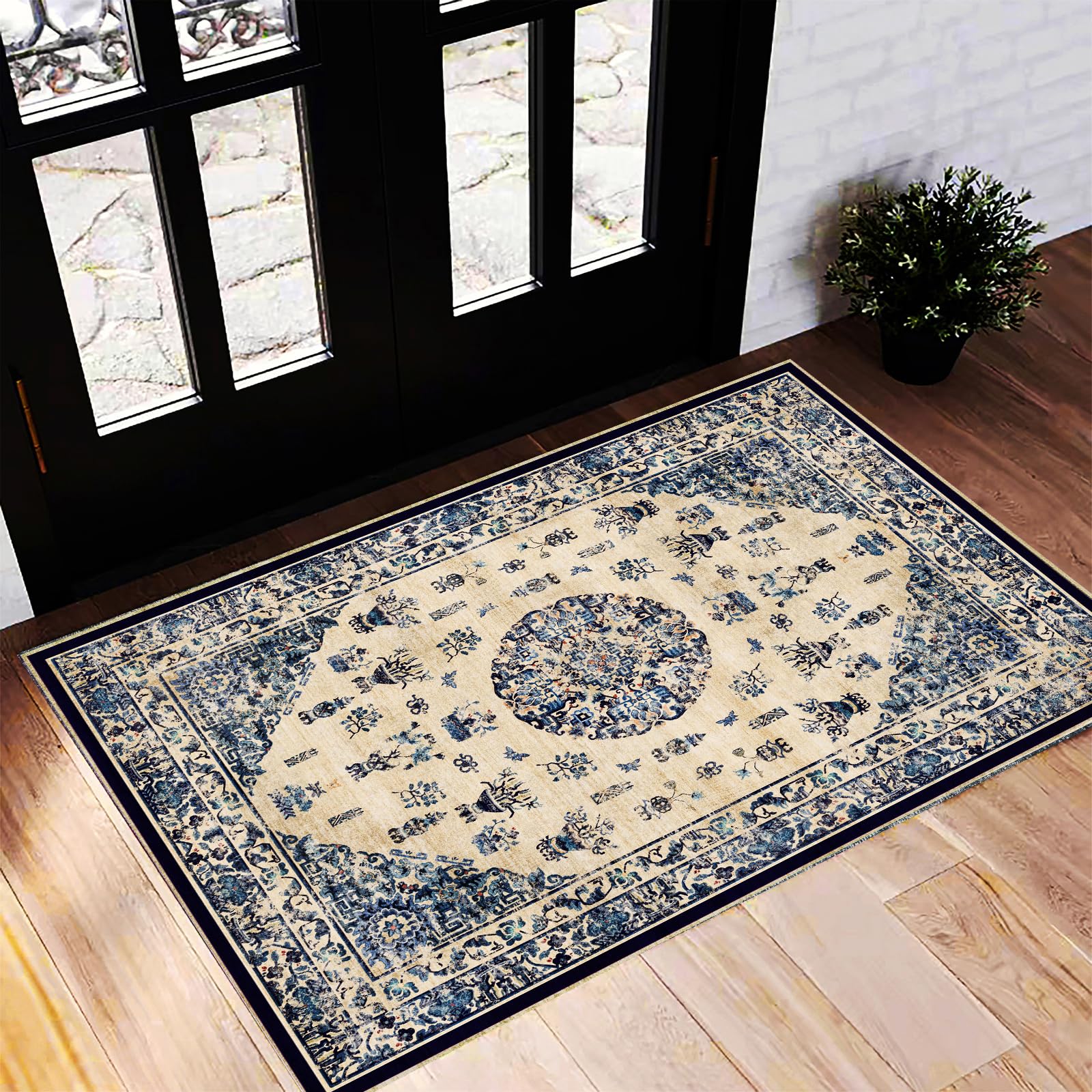 CHAMPLANT Washable Area Rug 2'x3' Door Mat Vintage Distressed Doormat Indoor Entrance Traditional Thin Rug Floral Print Non Slip Carpet for Kitchen