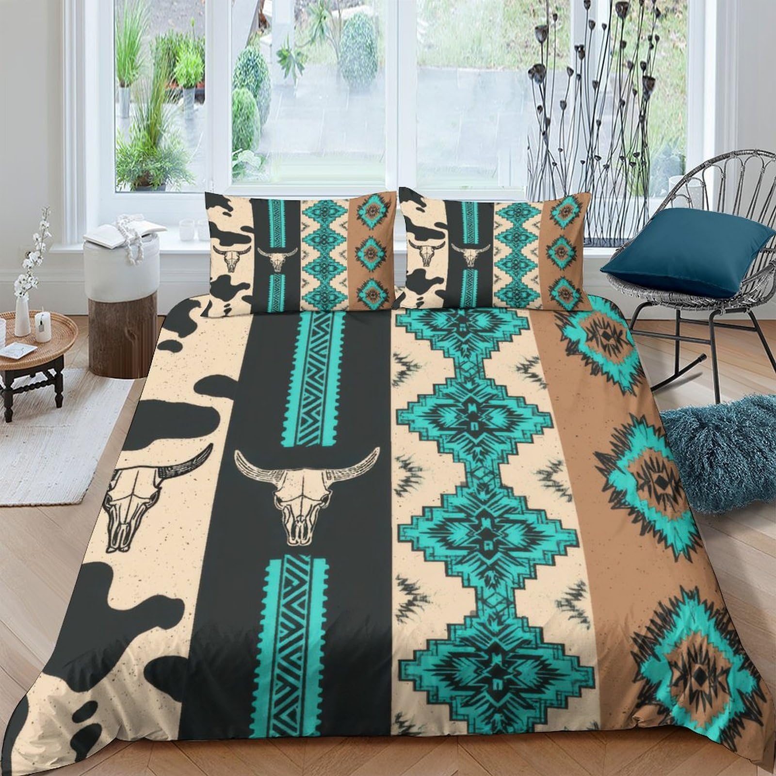Ctjqhvkz Style-5 3D Printed Southwestern Bull Skull Fitted Sheet Microfiber Soft Breathable Aztec Mattress Cover For Bedroom Decor Single（135X200cm）