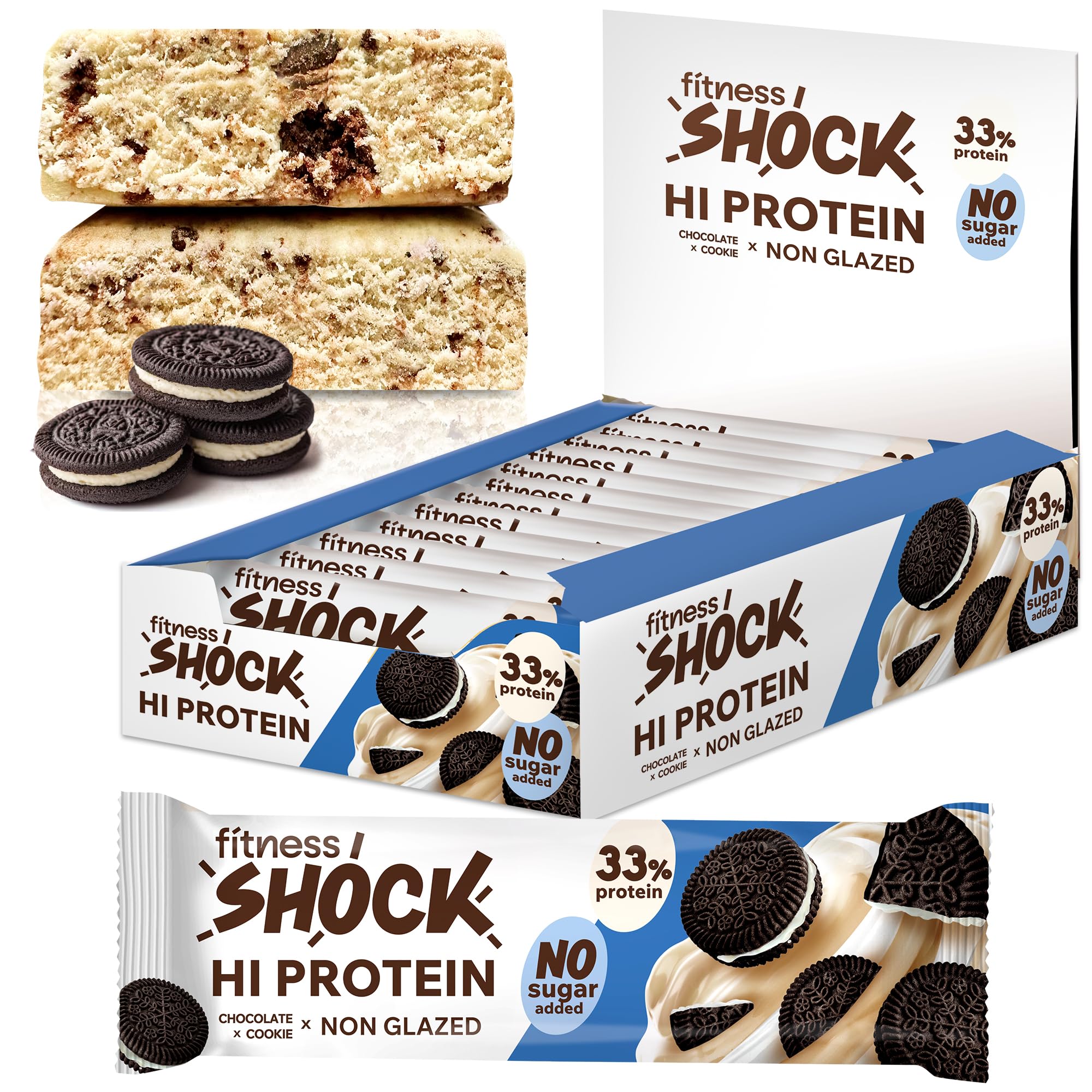 FitnesSHOCK High Proteinriegel Set mit hohem 20g Proteingehalt Eiweißriegel ohne Zuckerzusatz kalorienarm low carb ballaststoffreich Cookie Cream Geschmack 12Stk 60g