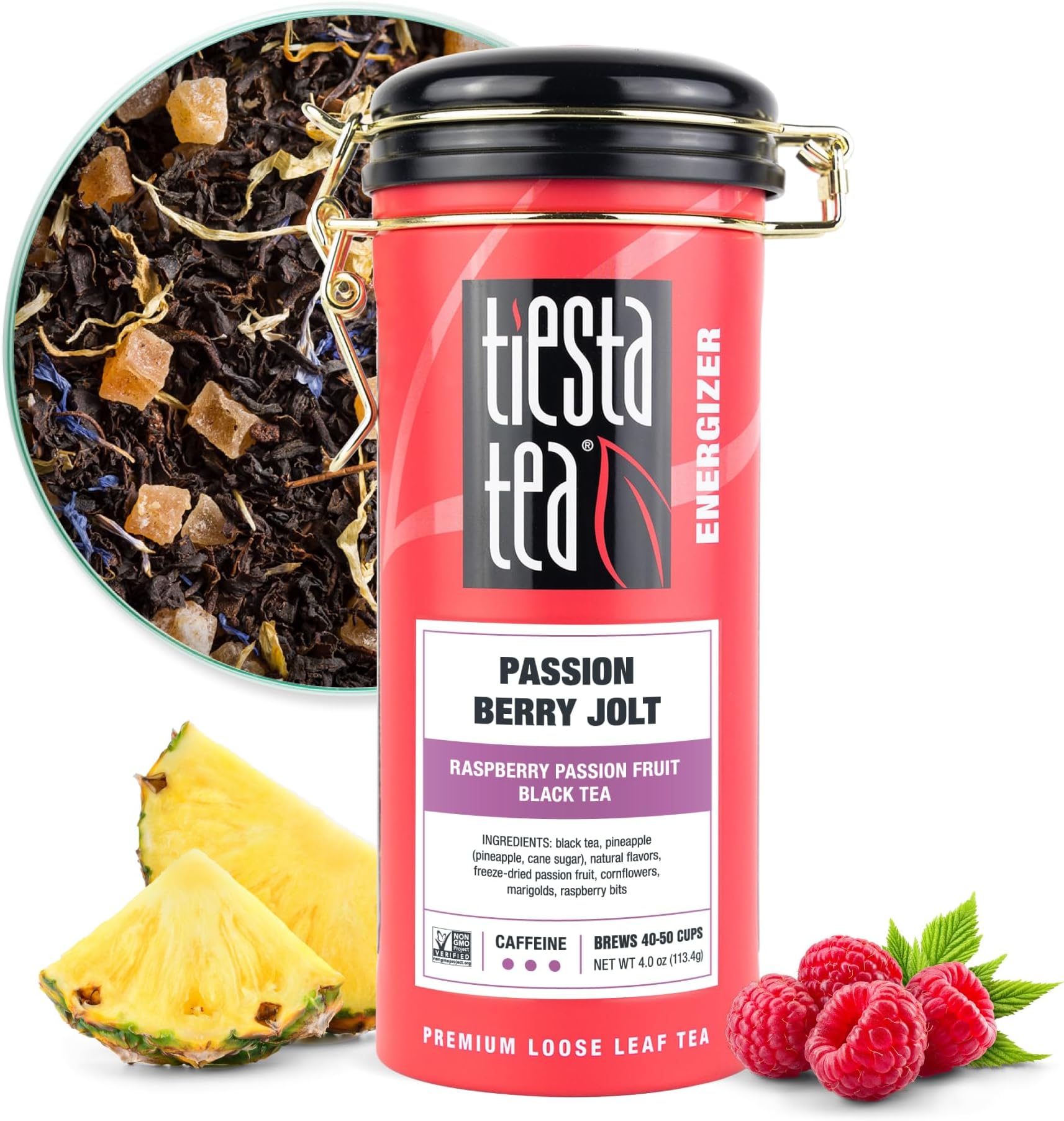 Tiesta Tea Passion Berry Jolt, Raspberry Passion Fruit Black Tea, 50 Servings, 4 Ounce Tin, High Caffeine, Loose Leaf Black Tea Energizer Blend, Non-GMO