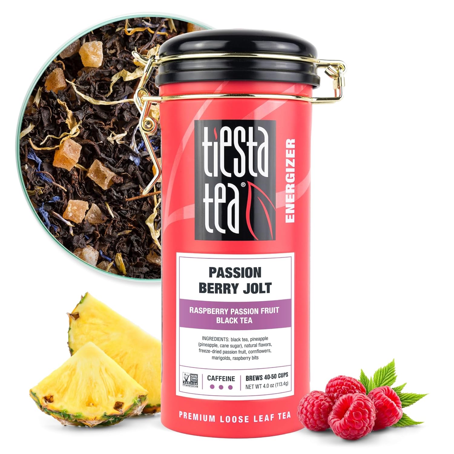 Tiesta Tea Passion Berry Jolt Loose Leaf Black Tea - Raspberry Passion Fruit, High Caffeine Energizer, Hot or Iced, 4oz Refillable Tin (40-50 Cups)