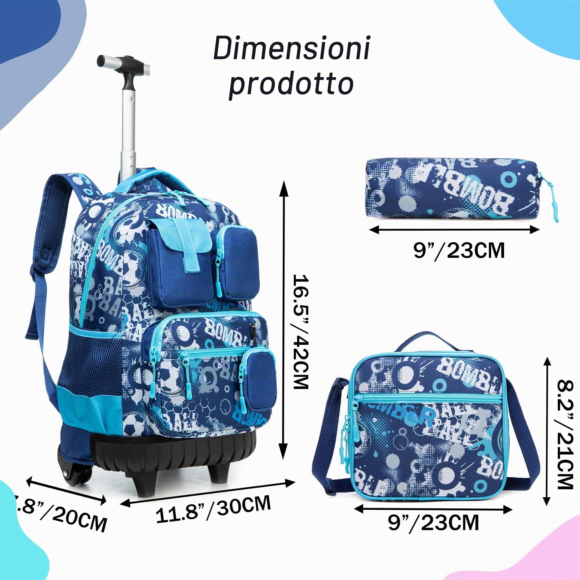 HTgroce Trolley Zaino Scuola 3 in 1 Kit Viaggio per Bambini, Regalo Scolastico per Ragazzi