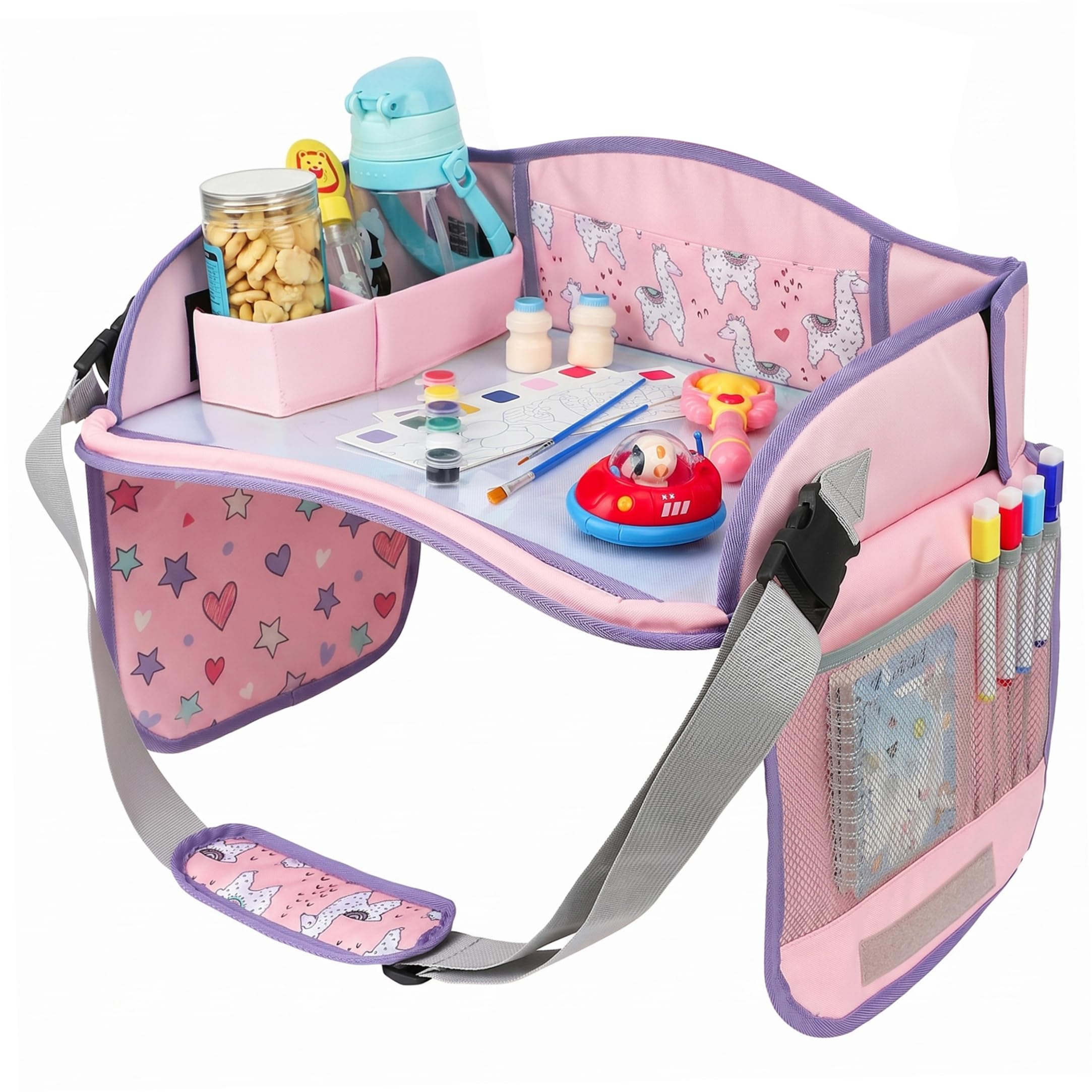 Vassoio per auto per bambini, tavolino portatile per seggiolino auto per bambini Tavolo pieghevole compatibile con touchscreen con spazio organizzato per giocattoli, libri, snack, Style-2