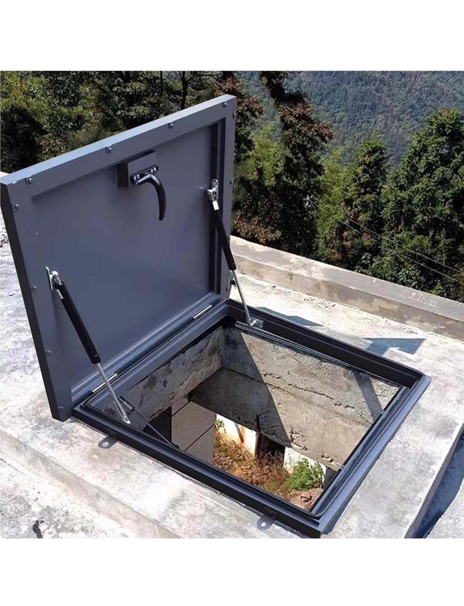 Dachentlüftungs-Notluke, schwarze regendichte Dachluken-Abdeckplatte aus verzinktem Metall, Dachboden-Kellertreppen-Auslassdeckel mit Gasdruckfeder und Griff (50 x 50 cm)(50x70cm/19.7x27.6in)