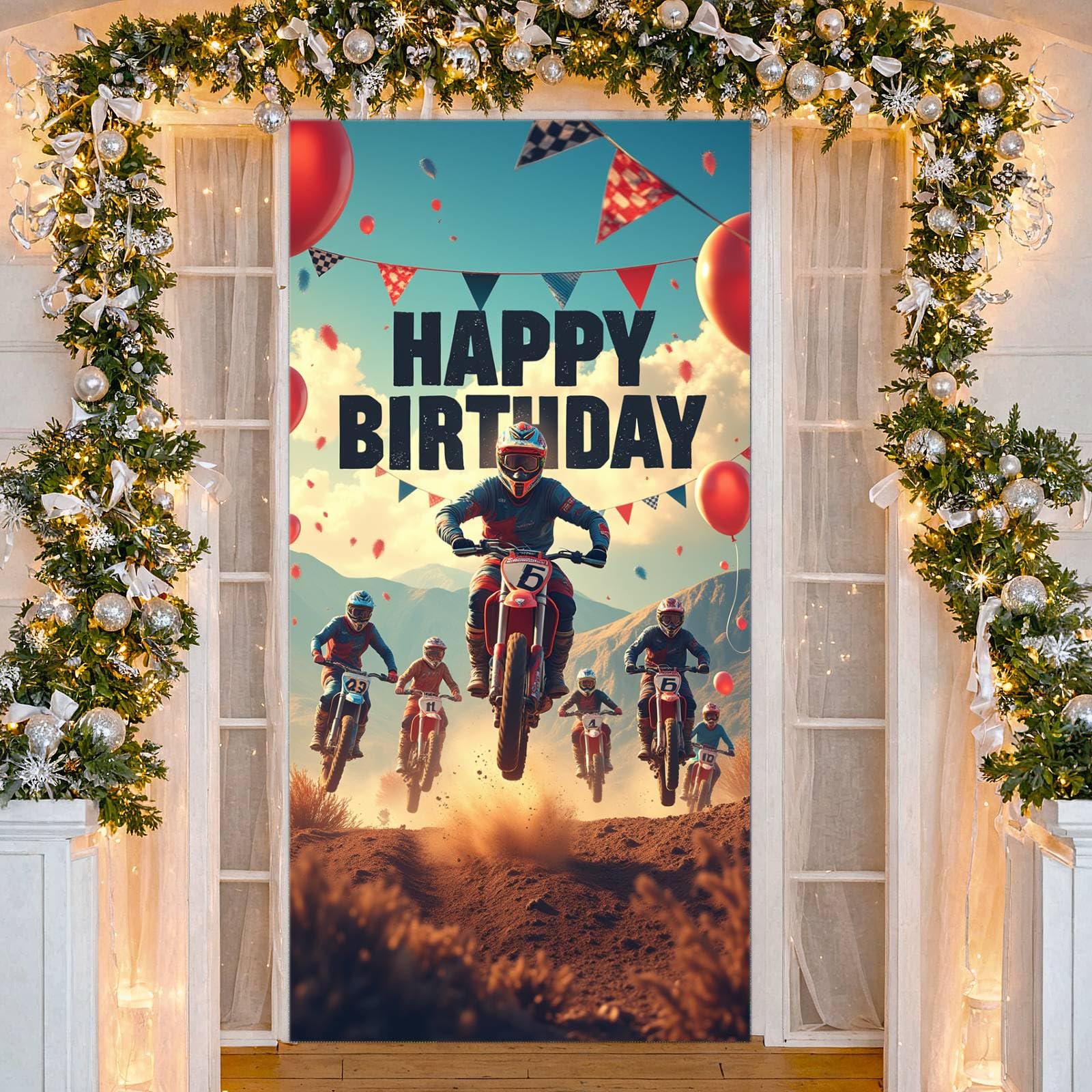 Motocross Birthday Door Banner Motorcycle Birthday Party Door Cover Happy Birthday Photography Background for Boys Girls Bikes Racing Theme Birthday Party Supplies Photo Booth Props Decorations — image 1