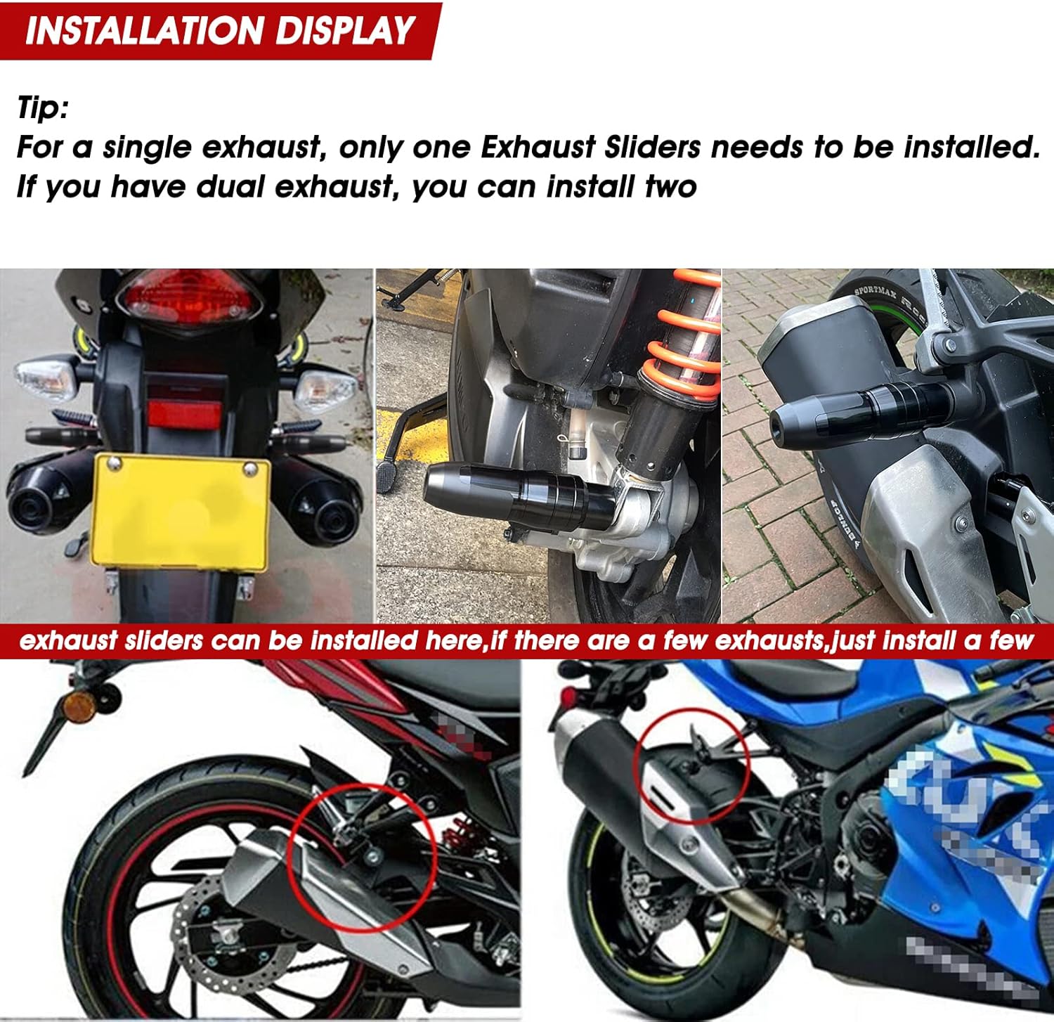 Universal Motorcycle Anti Falling Exhaust Pipe Protection Bar CNC Aluminum Frame Sliders For GSXR 125 250 300 600 750 1000 CBR 500 125 250 300R 400RR 450SR 600RR 600F 900RR 954RR Black