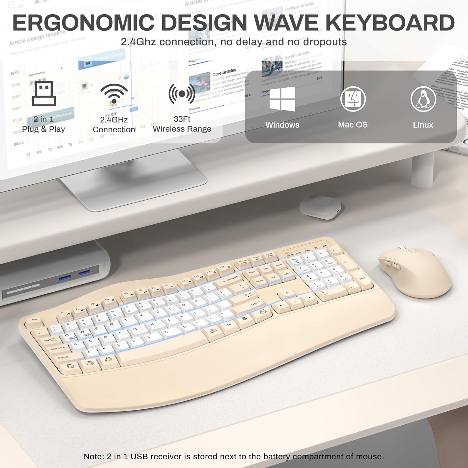 Ergonomic Wireless Keyboard and Mouse Combo, Wave Keys Keyboard with Wrist Rest for Natural Typing, 3 DPI Adjustable Ergonomic Silent Mouse for Computer/Laptop/Windows/Mac (Latte Color-B)