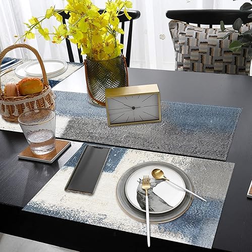 Miniatura 6 de ArtSocket Juego de 6 caminos de mesa y manteles individuales de granja, pintura abstracta azul y gris, decoración de comedor para uso diario (1
