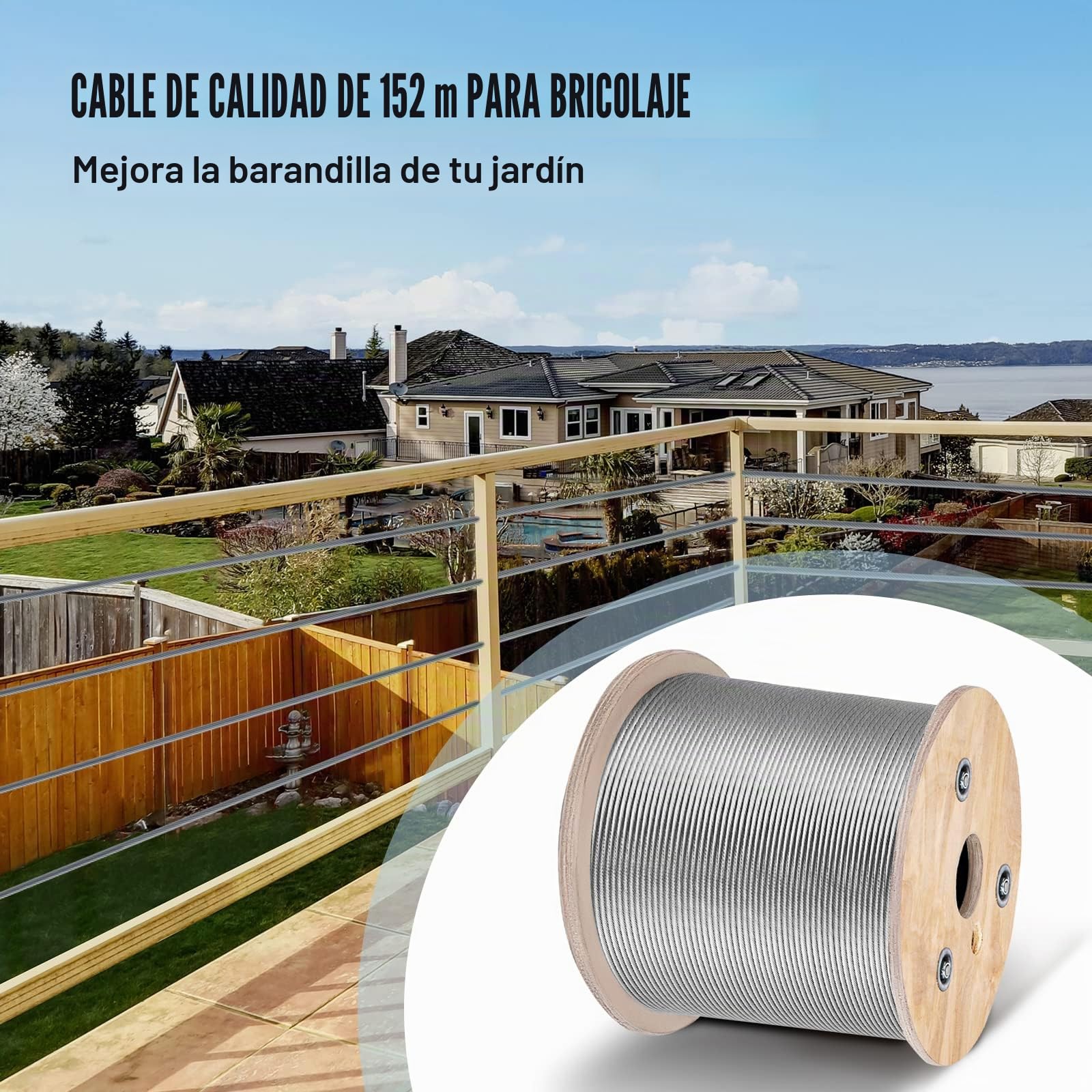 VEVOR Cable Inox 150 m Cable Metálico Acero Inoxidable 4,76 mm Carrete Alambre de Suspensión 7 x 19 hebras Resistencia a Ruptura 1678 kg para Rampas de Escalera Cuerda para Colgar Cadena Luminosa