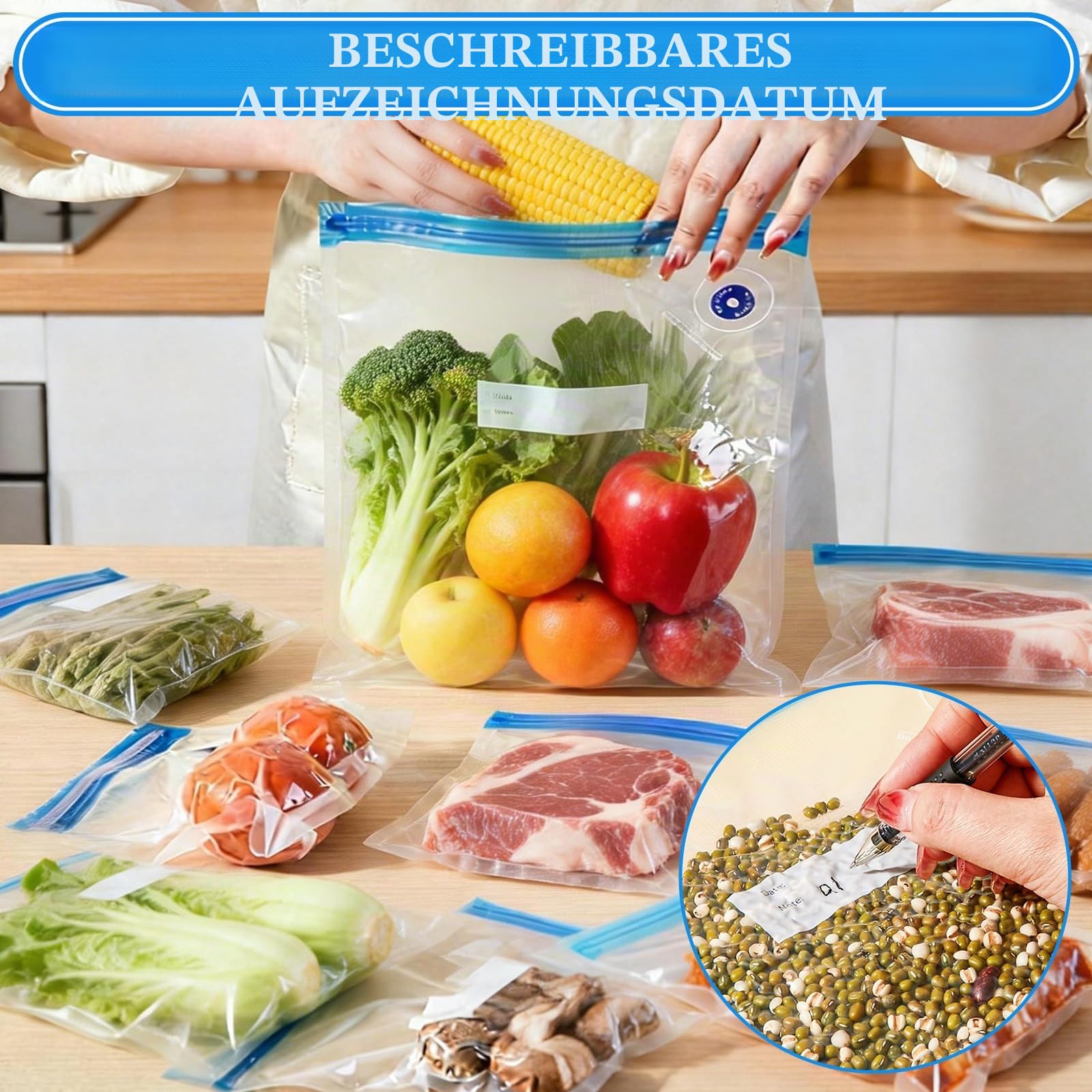 AKOLAFE 40 Stück Vakuumbeutel Lebensmittel Wiederverwendbar mit Ventil Reißverschluss 22x21cm, 26x28cm, 26x30cm, 30x34cm Bpa Frei Sous Videv Beutel vakuumbehälter Vacuum Bags für Obst, Gemüse, Reise