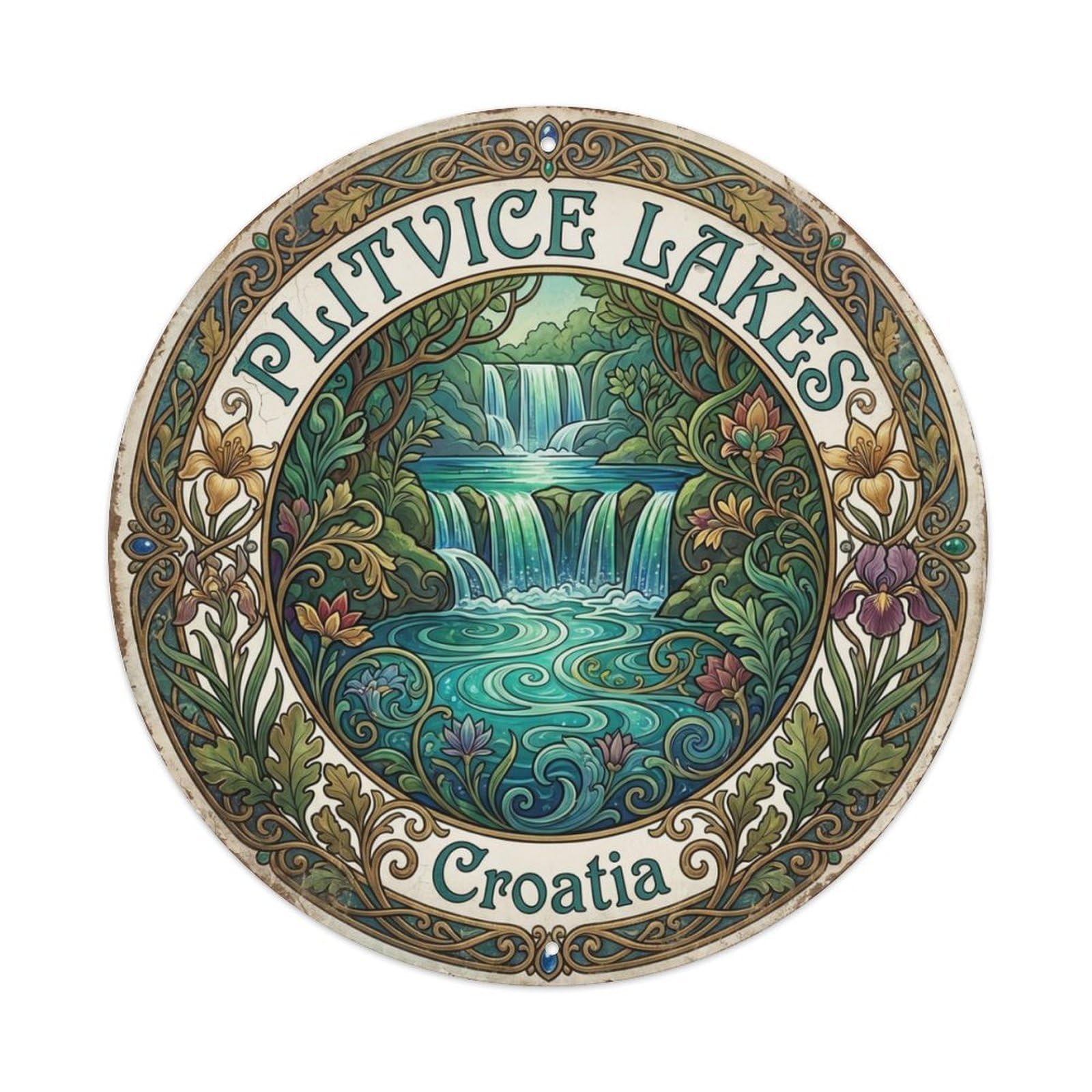 Vintage Travel Plitvice Waterfalls Croatia 1 Metal Tin Sign Plaque Wall Decor for Cafe, Club, Garden Round Metal Poster 8x8Inch