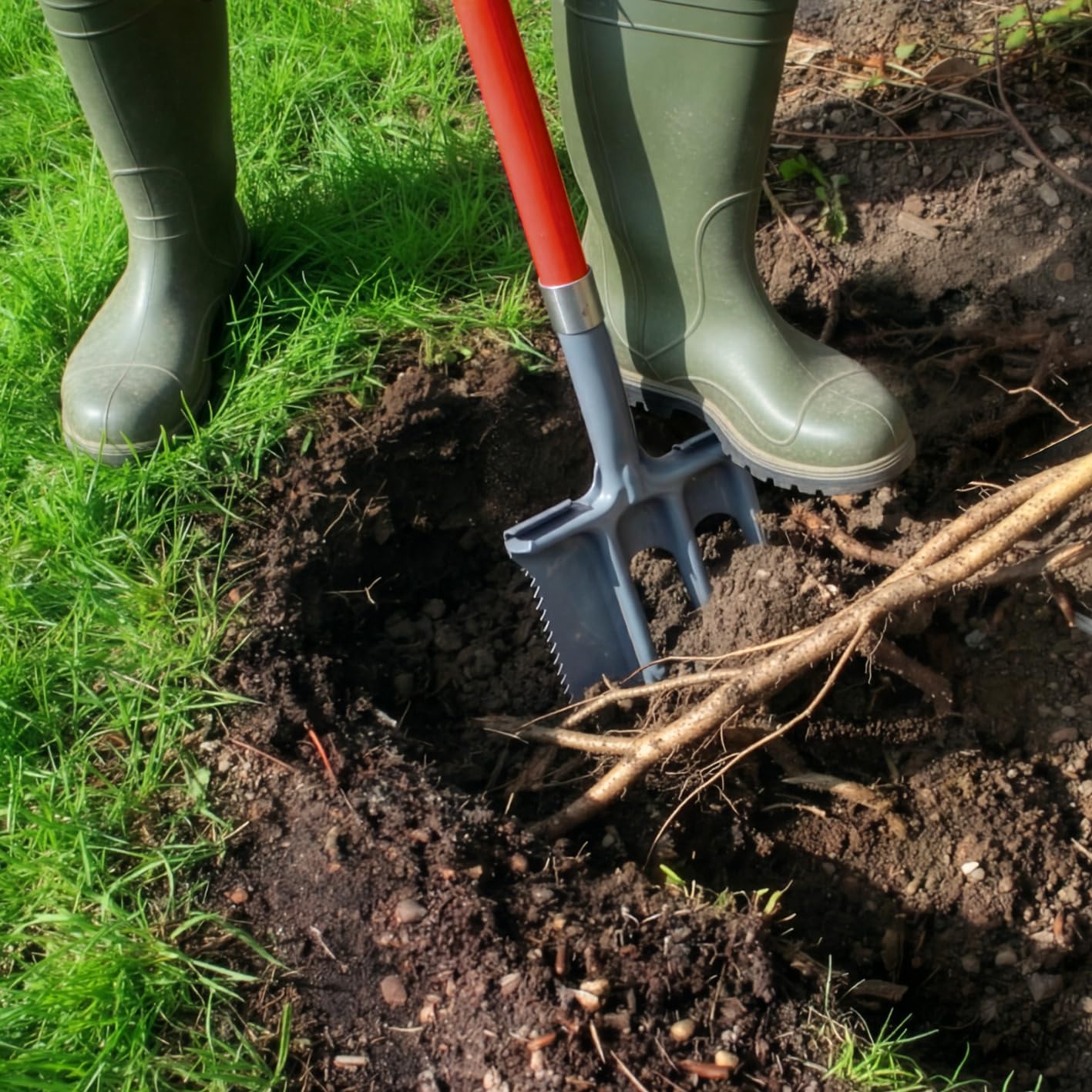 EASYmaxx Łopata do korzeni 4 w 1 i widelec 2 w 1 z piłą do korzeni w zestawie | wielofunkcyjne łopatki do kopania, piłowania, cięcia, spulchniania i przesadzania | Root Digger i łopata korzeni z