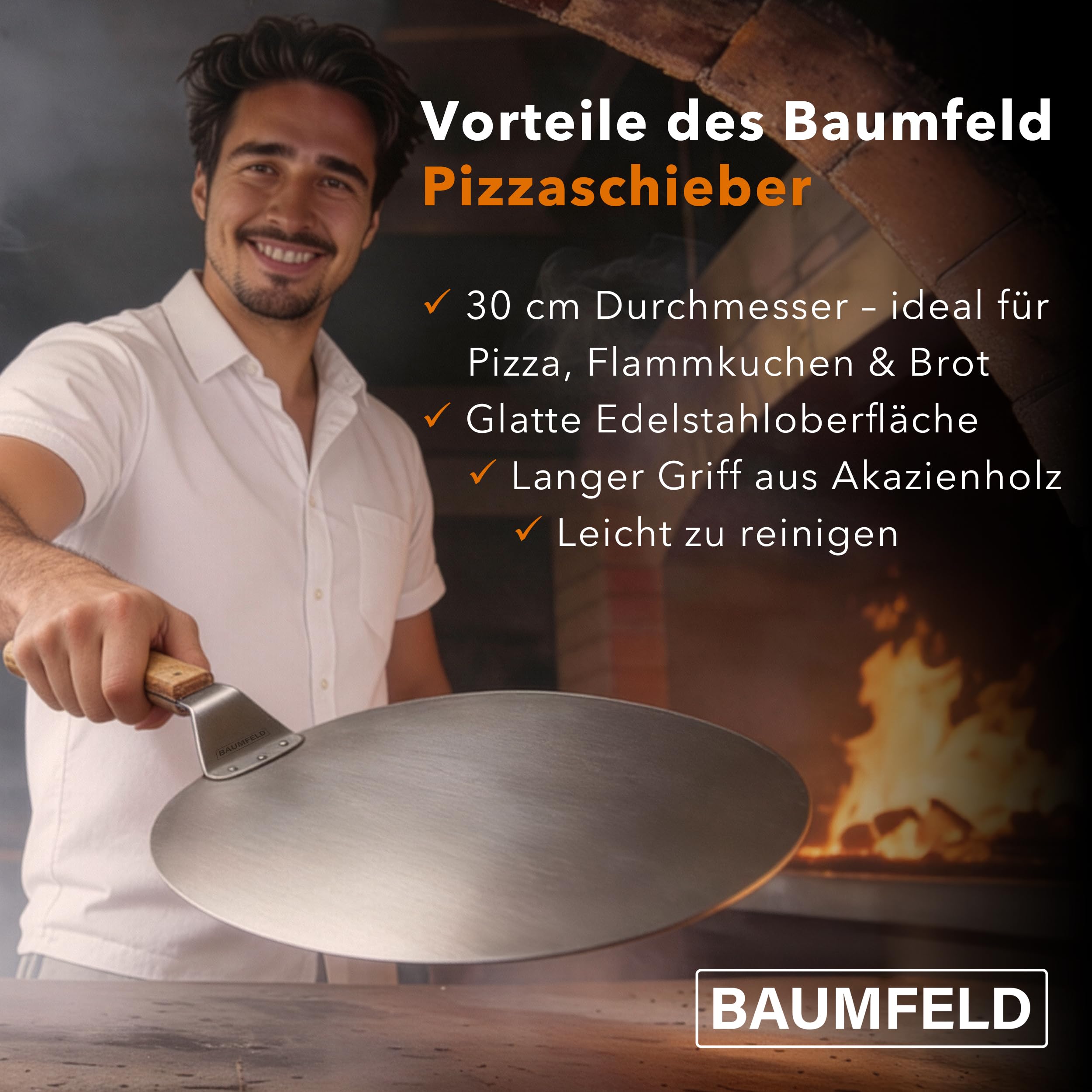Pizzaschieber Pizzaschaufel, rund, 30 cm Durchmesser, hochwertig aus robustem Edelstahl, stabiler Griff aus natürlichem Akazienholz, Brotschieber, Pizza Zubehör