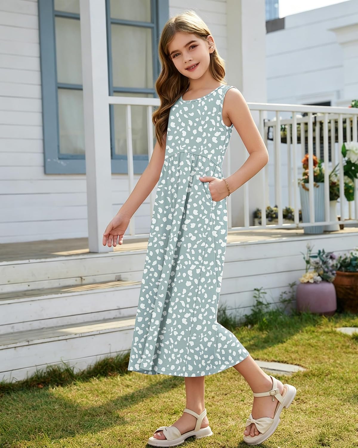 Girls Summer Sleeveless Long Sundress Casual Cute Crewneck Loose Empire Waist Dresses with Pockets 2026 New
