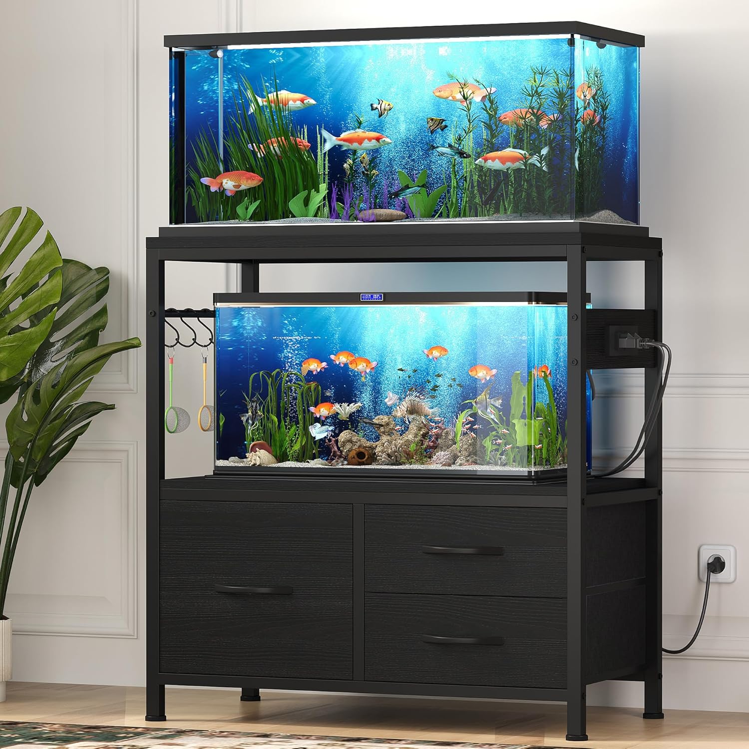 Heybly 20-29 Gallon Fish Tank Stand, Aquarium Stand with Drawer, Power Outlet, Heavy Duty Metal Frame, for Fish Tank, Turtle & Reptile Terrarium, 31.5" x 15.7" Top, 330lbs, Black HAS001BK 20-29 gal Black
