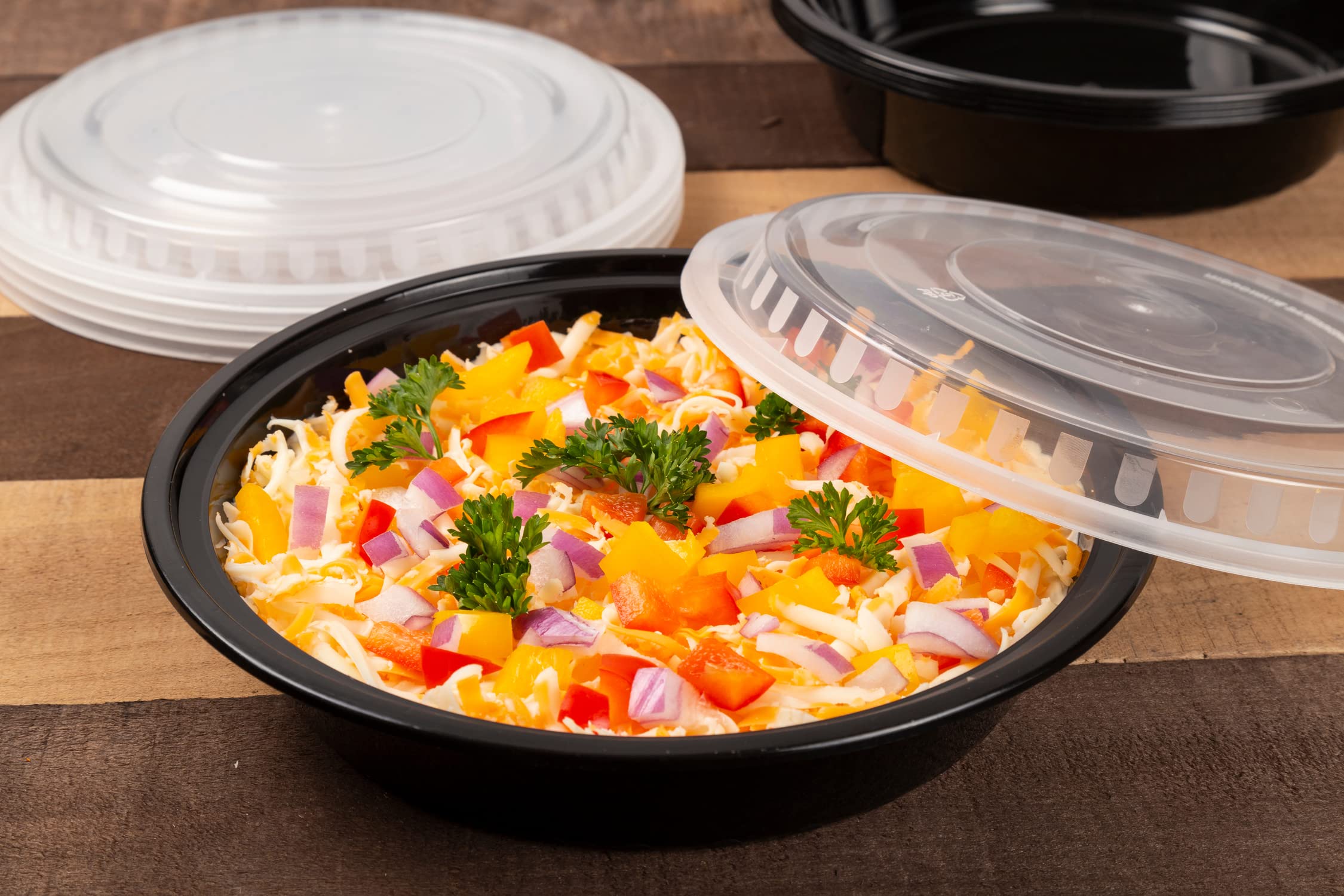 AmerCare 9" Round Black Plastic Container with Lid, 48oz. for Microwave or Freezer, Pack of 150