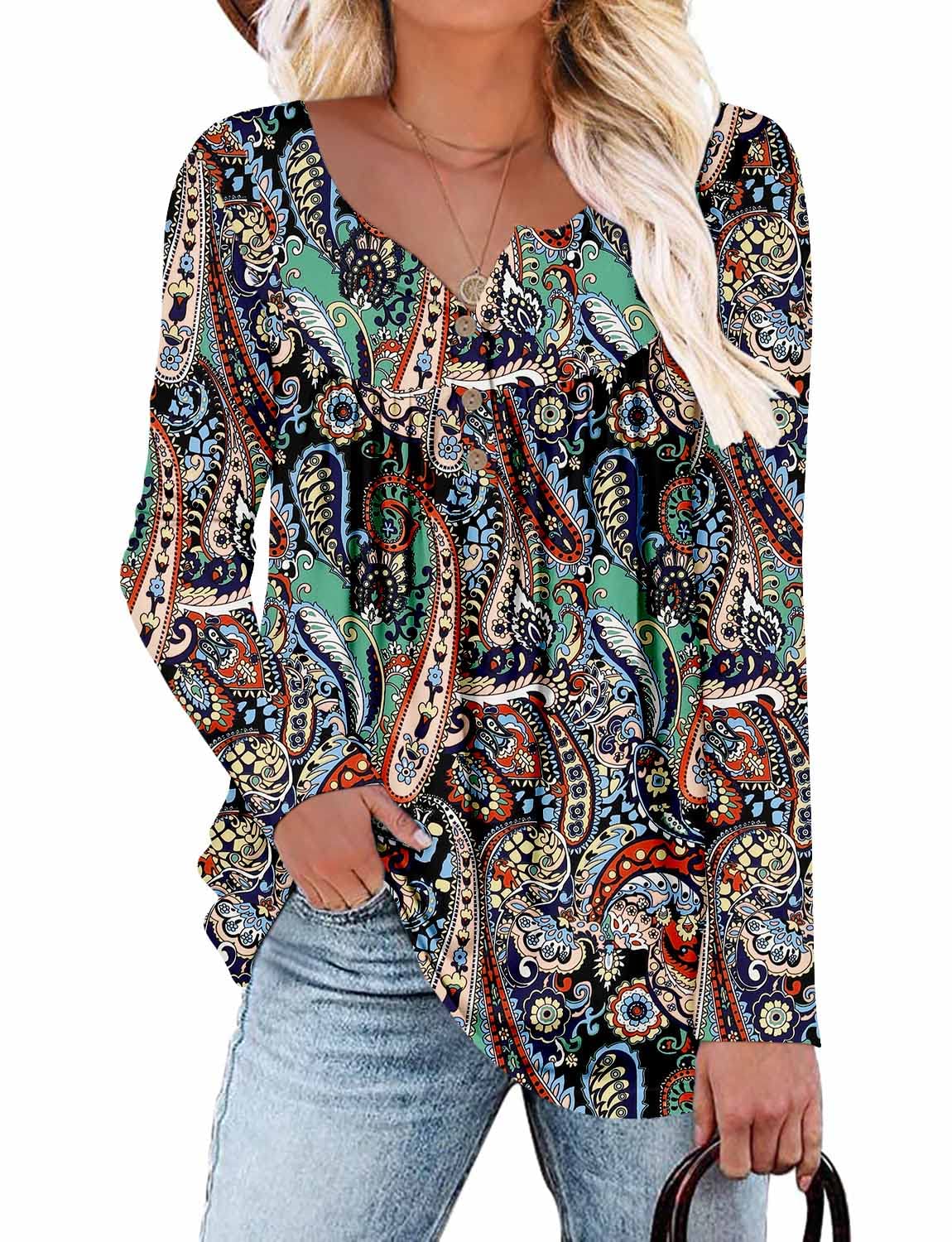 ROSELINLIN Womens Long Sleeve Tunic Tops Floral Fall Blouse Shirts