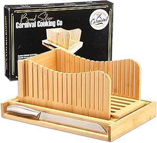 Bread Slicer, Bamboo Foldable Bread Slicer for Homemade Bread, adjustable Slicing width with sturdy bamboo cutting board | Bread Cutter, Foldable Compact Cutting with Crumb Tray
