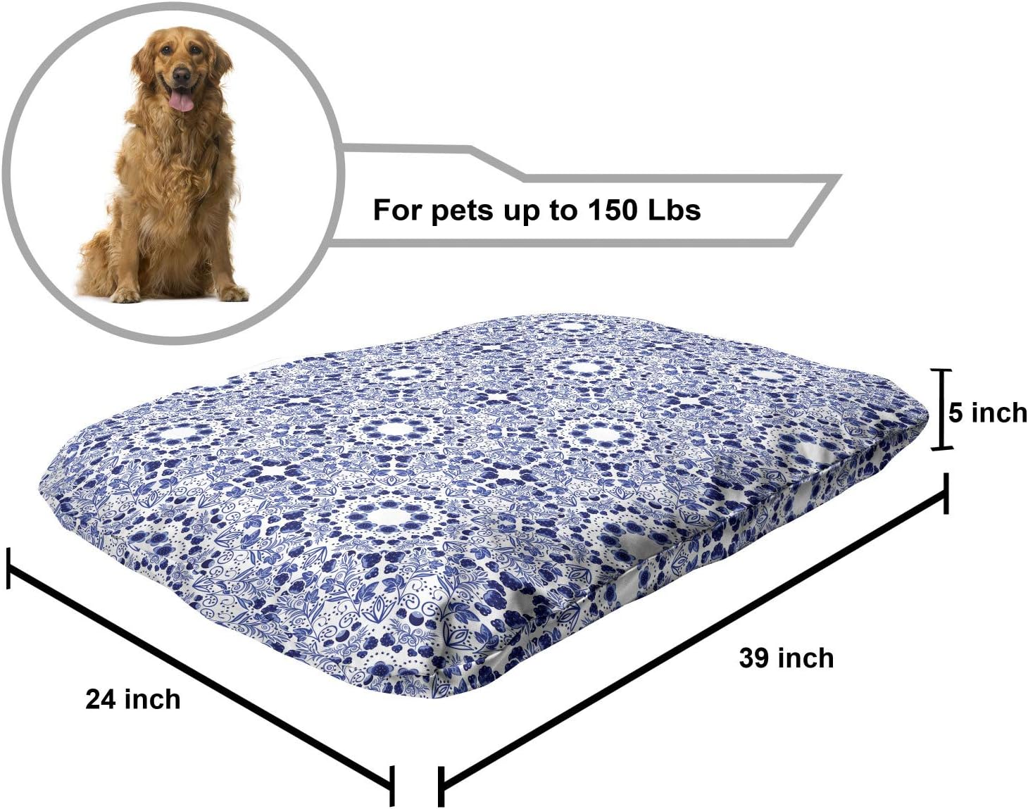 review Lunarable Traditional Pet Bed, Circular Flowers and Stripes Russian Gzhel Pattern Classic Motifs, Chew Resistant Pad for Dogs and Cats Cushion with Removable Cover, 24