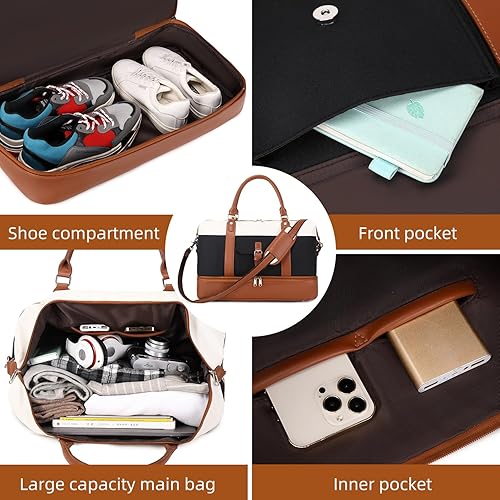 Miniatura 3 de SHENHU Bolsas de fin de semana para mujer, bolsa de lona grande de viaje, bolsa de fin de semana con compartimento de cuero para zapatos para