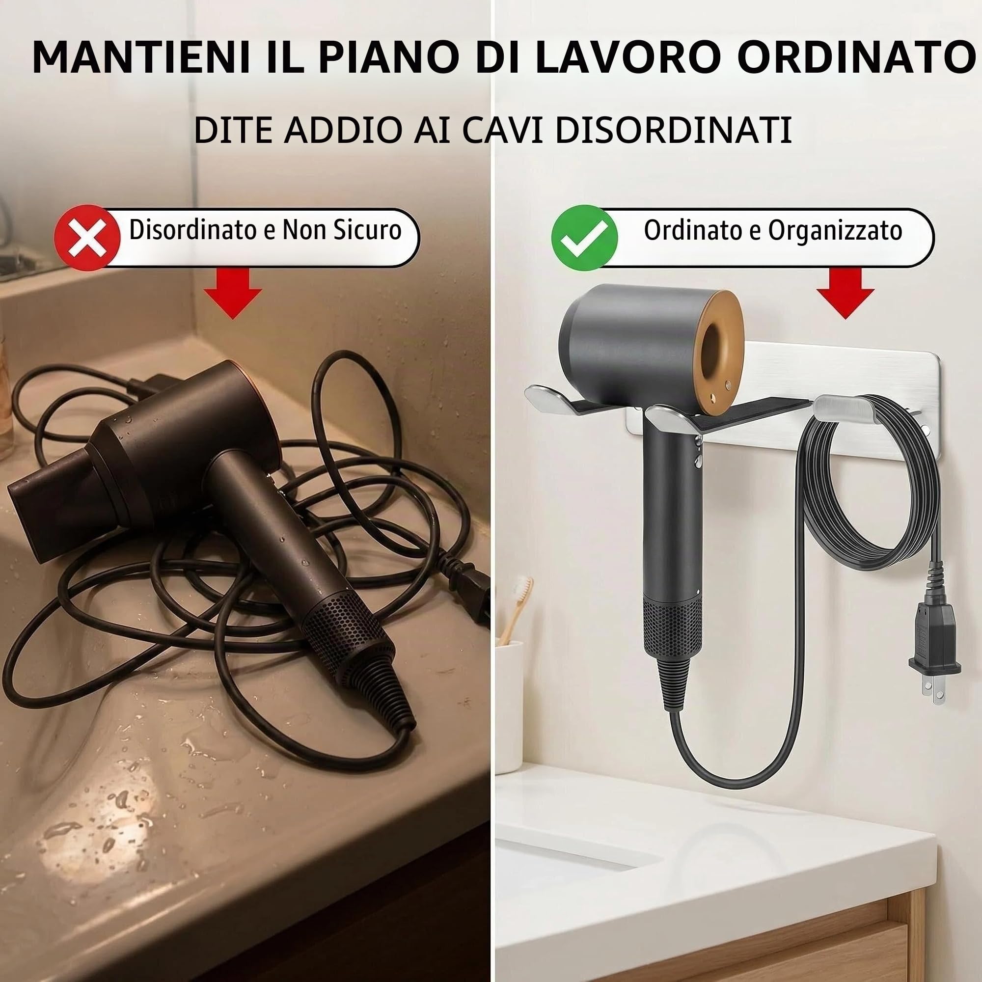 Porta Asciugacapelli a Parete Universale - Supporto per Asciugacapelli con Gancio Cavo, Organizzatore Bagno/Camera/Parrucchiere, Acciaio Inossidabile 304 Antiruggine, Design Moderno (Argento)