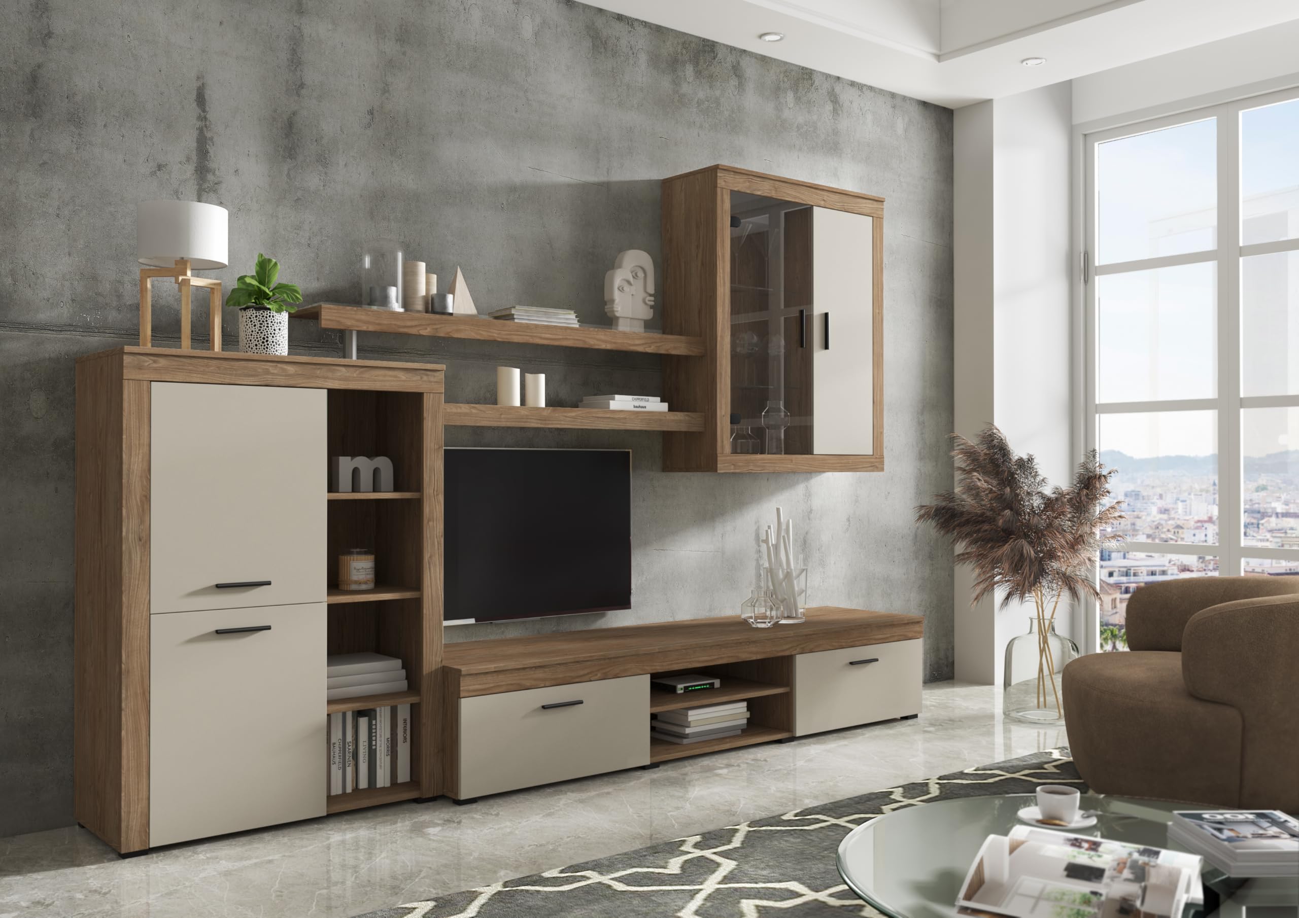 Arreditaly Parete Attrezzata Da Soggiorno Salotto Moderna Con Ante Mensole Vani A Giorno Vetrinetta Mobile TV Design Moderno Moduli Sospesi 293 x 193 x 50 Cm Bianco E Rovere Scuro