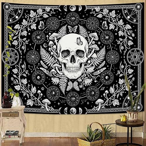 Miniatura 15 de Kanuyee Tapiz de calavera y mariposa, tapiz floral gótico para colgar en la pared para dormitorio, decoración de habitación rosa para dormitorio