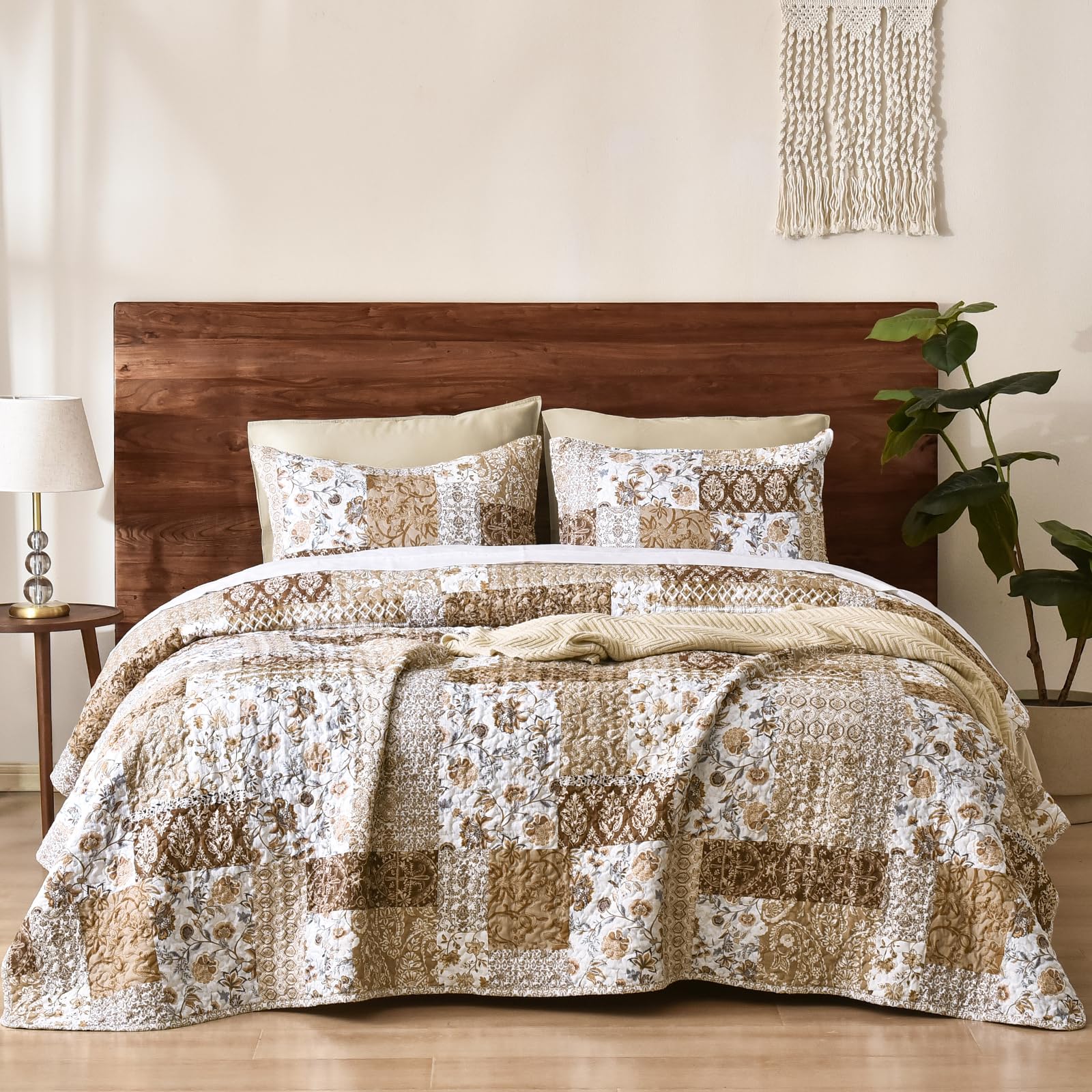 PHF Floral Patchwork Quilt Set King Size, 3 Pieces Reversible Lightweight Quilted Bespread for All Season, Ultra Soft Boho Coverlet Bedding Set 106