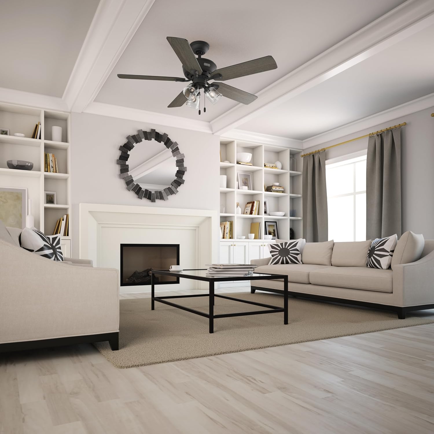 Hunter 52 inch Indoor Ceiling Fan with LED Lights and Pull Chain - Standard Mount Black Ceiling Fan, 5 Blades, For Bedroom, Living Room, or Kitchen, 3 inch Downrod - Rosner 51595, Matte Black