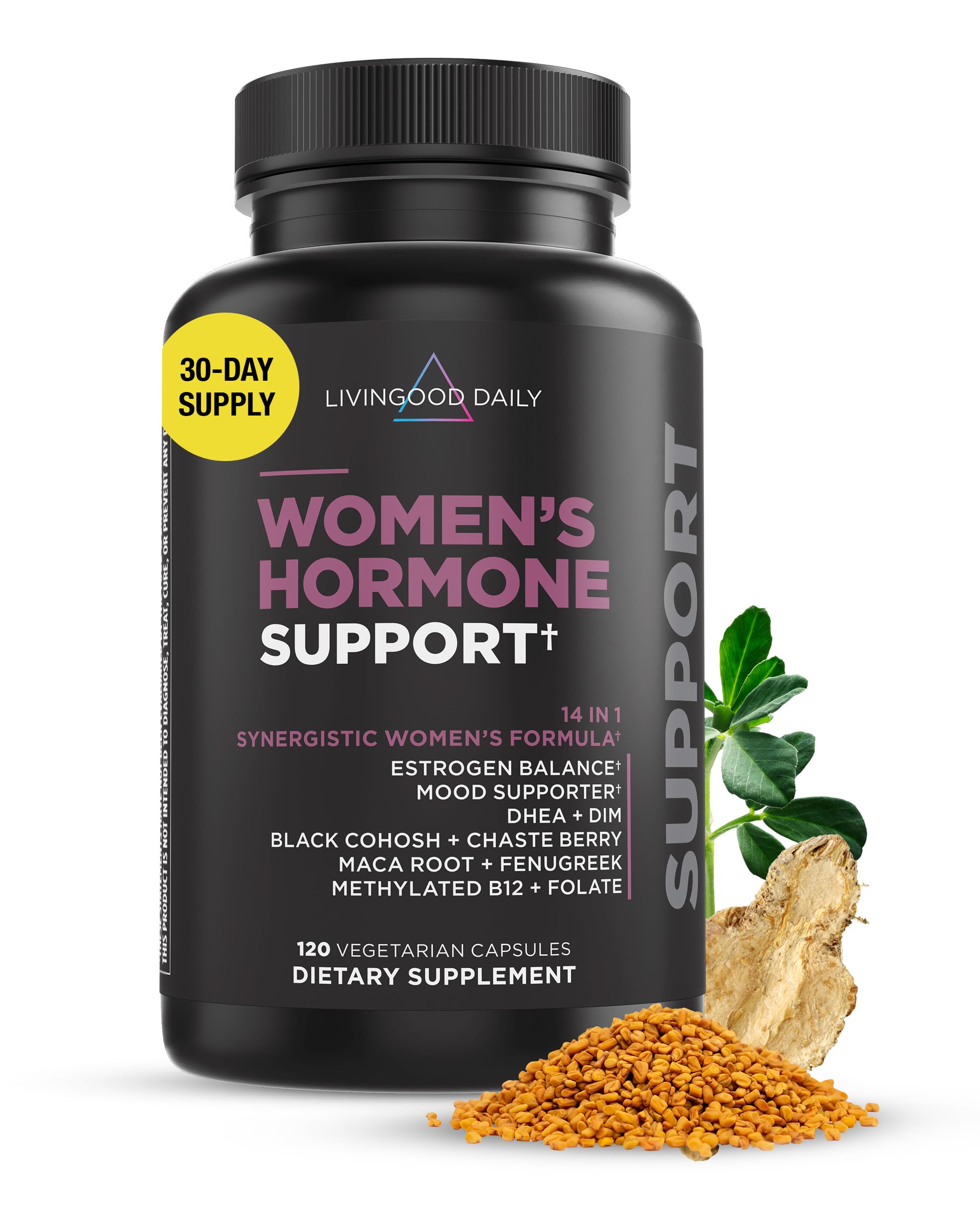 Livingood Daily Women’s Hormone Support Supplement, Estrogen Balance with Fenugreek, Black Cohosh, Chasteberry, DIM, Natural PMS & Menopause Support, Non GMO, Gluten Free, Vegetarian Capsules, 120 Ct
