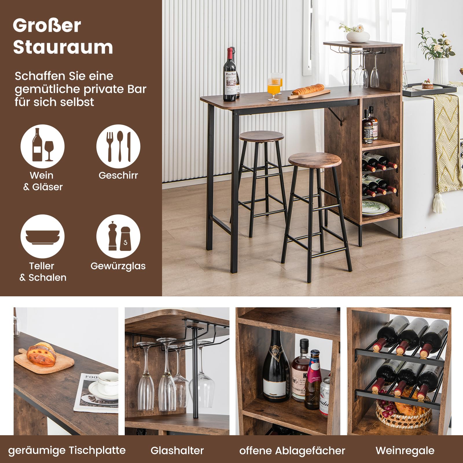COSTWAY Bartisch mit Barhocker Set, 2 Personen Bartisch Set mit Halterungen für Weingläser und Flaschen, Küchentheke für Wohnzimmer, Esszimmer und Küche (Kaffee)