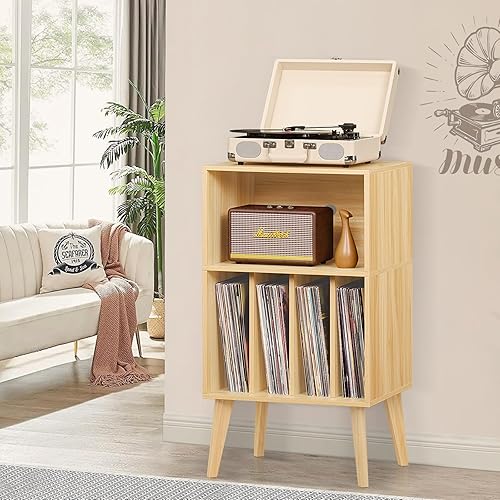 Miniatura 3 de Lerliuo Soporte para tocadiscos, soporte para tocadiscos natural con capacidad para hasta 160 álbumes, mesa de gabinete de almacenamiento de vinilo